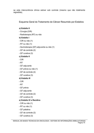 se esta intercorrência clínica estiver sob controle (mesmo que não totalmente
regredida).




      Esquema Geral do Tratamento do Câncer Resumido por Estádios

      a) Estádio 0
      - Cirurgia (CIR)
      - Radioterapia (RT) ou não
      b) Estádio I
      - CIR ou não (1)
      - RT ou não (1)
      - Quimioterapia (QT) adjuvante ou não (1)
      - QT de controle (2)
      - QT curativa (3)
      c) Estádio II
      - CIR
      - RT
      - QT adjuvante
      - QT prévia ou não (1)
      - QT de controle (2)
      - QT curativa (3)
      d) Estádio III
      - CIR
      - RT
      - QT prévia
      - QT adjuvante
      - QT de controle (2)
      - QT curativa (3)
      e) Estádio IV e Recidiva
      - CIR ou não (1)
      - RT ou não (1)
      - QT paliativa
      - QT de controle (2)
      - QT curativa (3)

MANUAL DE BASES TÉCNICAS DA ONCOLOGIA - SISTEMA DE INFORMAÇÕES AMBULATORIAIS
                                                                    Página 75
 