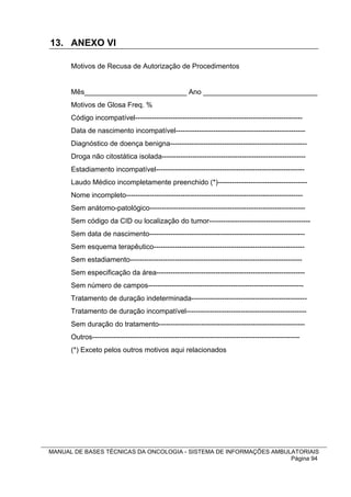 13. ANEXO VI

      Motivos de Recusa de Autorização de Procedimentos


      Mês__________________________ Ano _____________________________
      Motivos de Glosa Freq. %
      Código incompatível-----------------------------------------------------------------------
      Data de nascimento incompatível-------------------------------------------------------
      Diagnóstico de doença benigna----------------------------------------------------------
      Droga não citostática isolada-------------------------------------------------------------
      Estadiamento incompatível---------------------------------------------------------------
      Laudo Médico incompletamente preenchido (*)--------------------------------------
      Nome incompleto---------------------------------------------------------------------------
      Sem anátomo-patológico------------------------------------------------------------------
      Sem código da CID ou localização do tumor-------------------------------------------
      Sem data de nascimento------------------------------------------------------------------
      Sem esquema terapêutico----------------------------------------------------------------
      Sem estadiamento-------------------------------------------------------------------------
      Sem especificação da área---------------------------------------------------------------
      Sem número de campos------------------------------------------------------------------
      Tratamento de duração indeterminada-------------------------------------------------
      Tratamento de duração incompatível---------------------------------------------------
      Sem duração do tratamento--------------------------------------------------------------
      Outros----------------------------------------------------------------------------------------
      (*) Exceto pelos outros motivos aqui relacionados




MANUAL DE BASES TÉCNICAS DA ONCOLOGIA - SISTEMA DE INFORMAÇÕES AMBULATORIAIS
                                                                    Página 94
 