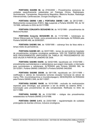 PORTARIA SAS/MS 96, de 27/03/2000 – Procedimentos exclusivos de
unidades especificamente cadastradas em Patologia Clínica, Radioterapia,
Quimioterapia, Transplantes, Ressonância Magnética, Medicina Nuclear, Radiologia
Intervencionista, Cardiovascular, Cirurgia Oncológica, etc.

      PORTARIA GM/MS 1.480 e PORTARIA GM/MS 1.481, de 28/12/1999 -
Medicamentos excepcionais (FAEC). Não suspende a Portaria SAS/MS 184, de 16/
10/1998, retificada no DOU de 03/11/1998.

      PORTARIA CONJUNTA SE/SAS/MS 54, de 14/12/1999 – procedimentos de
Medicina Nuclear.

       PORTARIA Conjunta SE/SAS/MS 44, de 11/10/1999 – Iodoterapia do
Câncer Diferenciado de Tiróide, como procedimento de internação. ALTERADA pela
Portaria SAS/MS 466, de 20/08/2007.

      PORTARIA SAS/MS 544, de 10/09/1999 – cobrança fora da faixa etária e
tempo médio de permanência.

      PORTARIA SAS/MS 401, de 30/07/1999 – tempo de permanência hospitalar
de procedimentos cirúrgicos oncológicos pediátricos. VER OS TEMPOS MÉDIOS
NOS PROCEDIMENTOS UNIFICADOS DA TABELA DE PROCEDIMENTOS DO
SUS VÁLIDA A PARTIR DE JANEIRO DE 2008.

      PORTARIA SAS/MS 034/99, de 04/02/1999, republicada em 31/03/1999 –
procedimentos quimioterápicos e radioterápicos que exigem internação; e internação
para quimioterapia e radioterapia. ALTERADA pela Portaria SAS/MS 580, de
20/12/2001, Portaria GM/MS 2.848/2007 e Portaria SAS/MS 346/2008.

       PORTARIA SAS/MS 205/98, de 09/11/98, republicada em 23/11/1998 –
codificação e valores de marcadores tumorais (receptor hormonal do câncer de
mama, PSA, imunohistoquímica e imunofenotipagem). DESCRIÇÕES ALTERADAS
pela Portaria GM/MS 2.848, de 06/11/2007.

       PORTARIA SAS/MS 184/98, de 16/10/1998 - exclusão de medicamentos
especiais para Oncologia, que passaram a ser do âmbito do sistema APAC –
Autorização para procedimentos de alta complexidade. Retificada no DOU de
03/11/1998.

      PORTARIA SAS/MS 38, de 01/04/1998 – códigos dos procedimentos
estabelecidos na Portaria GM/MS 2.413/1998.

      PORTARIA GM/MS 2.413, de 23/03/1998 – regulamentação de cuidados
prolongados de doentes crônicos, inclusive oncológicos.




MANUAL DE BASES TÉCNICAS DA ONCOLOGIA - SISTEMA DE INFORMAÇÕES AMBULATORIAIS
                                                                    Página 99
 