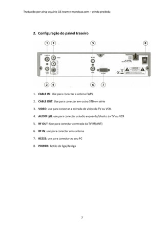 Traduzido por airsp usuário G6-team e mundoaz.com – venda proibida




       2. Configuração do painel traseiro




       1. CABLE IN: Use para conectar a antena CATV

       2. CABLE OUT: Use para conectar em outro STB em série

       3. VIDEO: use para conectar a entrada de vídeo da TV ou VCR.

       4. AUDIO L/R: use para conectar o áudio esquerdo/direito da TV ou VCR

       5. RF OUT: Use para conectar a entrada da TV RF(ANT)

       6. RF IN: use para conectar uma antena

       7. RS232: use para conectar ao seu PC

       8. POWER: botão de liga/desliga




                                           7
 