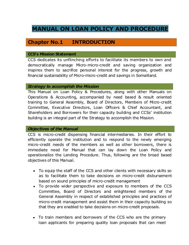 manual on loan policy procedure for ccs microfinance