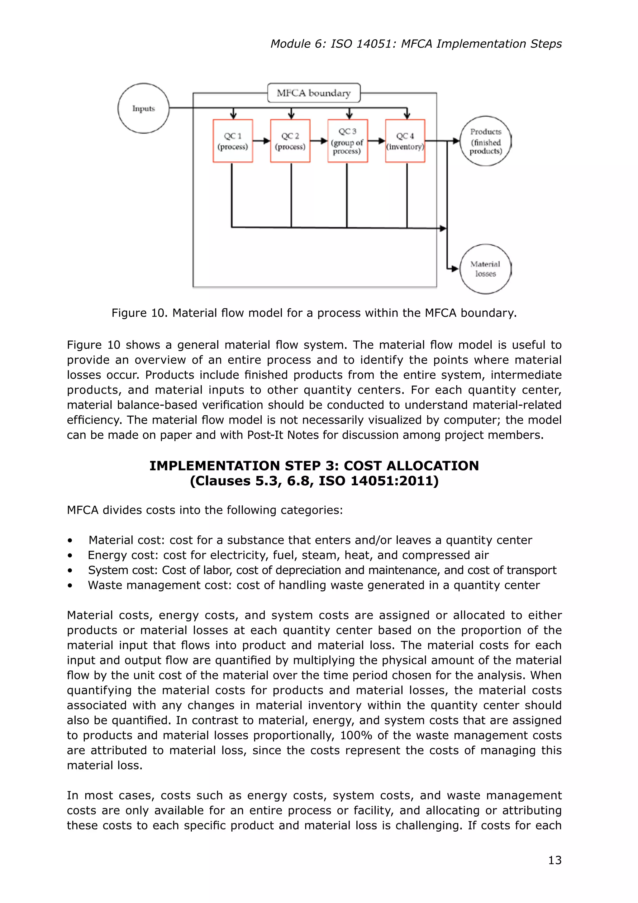 13
Module 6: ISO 14051: MFCA Implementation Steps
Figure 10. Material flow model for a process within the MFCA boundary.
Figure 10 shows a general material flow system. The material flow model is useful to
provide an overview of an entire process and to identify the points where material
losses occur. Products include finished products from the entire system, intermediate
products, and material inputs to other quantity centers. For each quantity center,
material balance-based verification should be conducted to understand material-related
efficiency. The material flow model is not necessarily visualized by computer; the model
can be made on paper and with Post-It Notes for discussion among project members.
IMPLEMENTATION STEP 3: COST ALLOCATION
(Clauses 5.3, 6.8, ISO 14051:2011)
MFCA divides costs into the following categories:
• Material cost: cost for a substance that enters and/or leaves a quantity center
• Energy cost: cost for electricity, fuel, steam, heat, and compressed air
• System cost: Cost of labor, cost of depreciation and maintenance, and cost of transport
• Waste management cost: cost of handling waste generated in a quantity center
Material costs, energy costs, and system costs are assigned or allocated to either
products or material losses at each quantity center based on the proportion of the
material input that flows into product and material loss. The material costs for each
input and output flow are quantified by multiplying the physical amount of the material
flow by the unit cost of the material over the time period chosen for the analysis. When
quantifying the material costs for products and material losses, the material costs
associated with any changes in material inventory within the quantity center should
also be quantified. In contrast to material, energy, and system costs that are assigned
to products and material losses proportionally, 100% of the waste management costs
are attributed to material loss, since the costs represent the costs of managing this
material loss.
In most cases, costs such as energy costs, system costs, and waste management
costs are only available for an entire process or facility, and allocating or attributing
these costs to each specific product and material loss is challenging. If costs for each
 