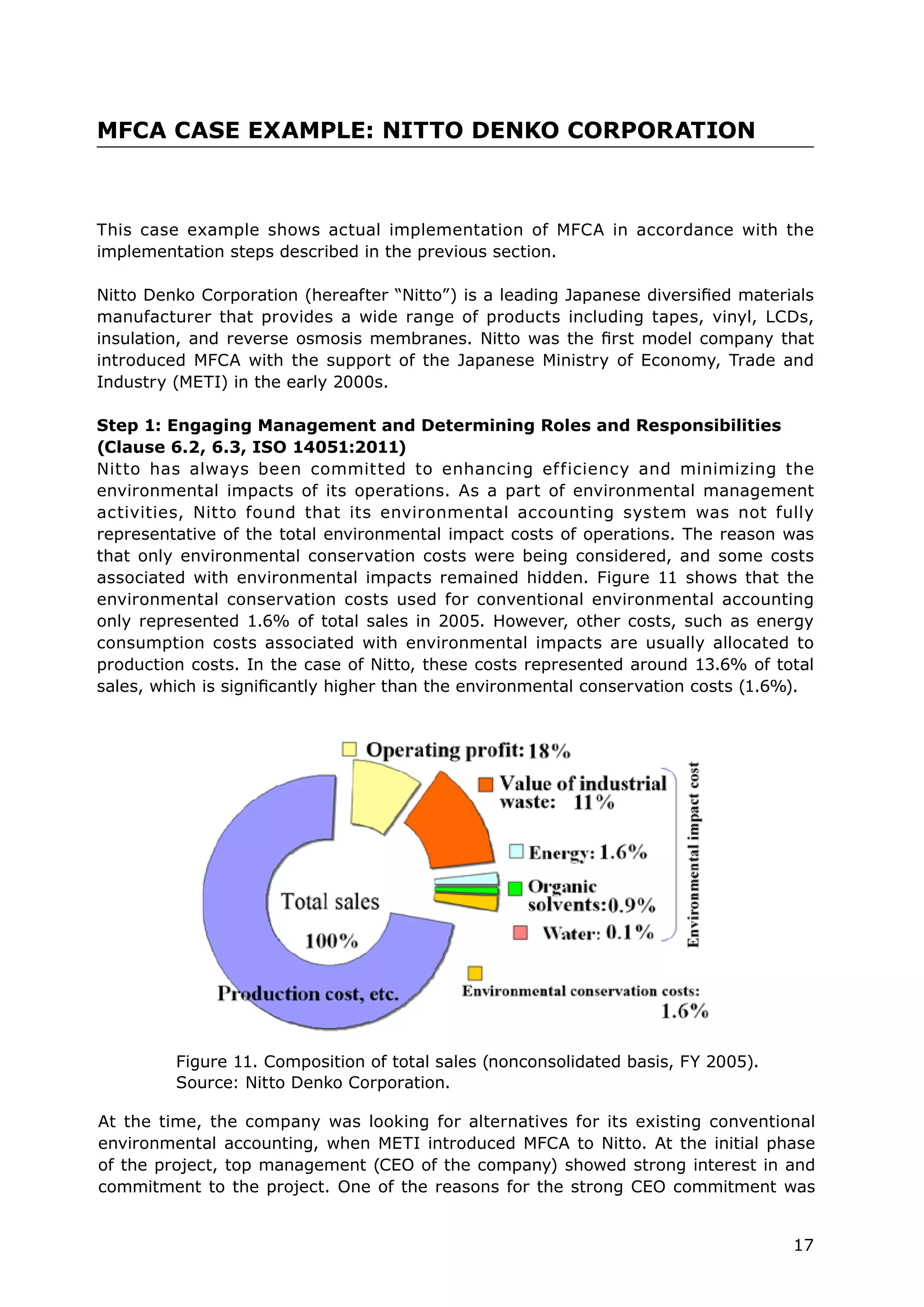 17
MFCA CASE EXAMPLE: NITTO DENKO CORPORATION
This case example shows actual implementation of MFCA in accordance with the
implementation steps described in the previous section.
Nitto Denko Corporation (hereafter “Nitto”) is a leading Japanese diversified materials
manufacturer that provides a wide range of products including tapes, vinyl, LCDs,
insulation, and reverse osmosis membranes. Nitto was the first model company that
introduced MFCA with the support of the Japanese Ministry of Economy, Trade and
Industry (METI) in the early 2000s.
Step 1: Engaging Management and Determining Roles and Responsibilities
(Clause 6.2, 6.3, ISO 14051:2011)
Nitto has always been committed to enhancing efficiency and minimizing the
environmental impacts of its operations. As a part of environmental management
activities, Nitto found that its environmental accounting system was not fully
representative of the total environmental impact costs of operations. The reason was
that only environmental conservation costs were being considered, and some costs
associated with environmental impacts remained hidden. Figure 11 shows that the
environmental conservation costs used for conventional environmental accounting
only represented 1.6% of total sales in 2005. However, other costs, such as energy
consumption costs associated with environmental impacts are usually allocated to
production costs. In the case of Nitto, these costs represented around 13.6% of total
sales, which is significantly higher than the environmental conservation costs (1.6%).
Figure 11. Composition of total sales (nonconsolidated basis, FY 2005).
Source: Nitto Denko Corporation.
At the time, the company was looking for alternatives for its existing conventional
environmental accounting, when METI introduced MFCA to Nitto. At the initial phase
of the project, top management (CEO of the company) showed strong interest in and
commitment to the project. One of the reasons for the strong CEO commitment was
 