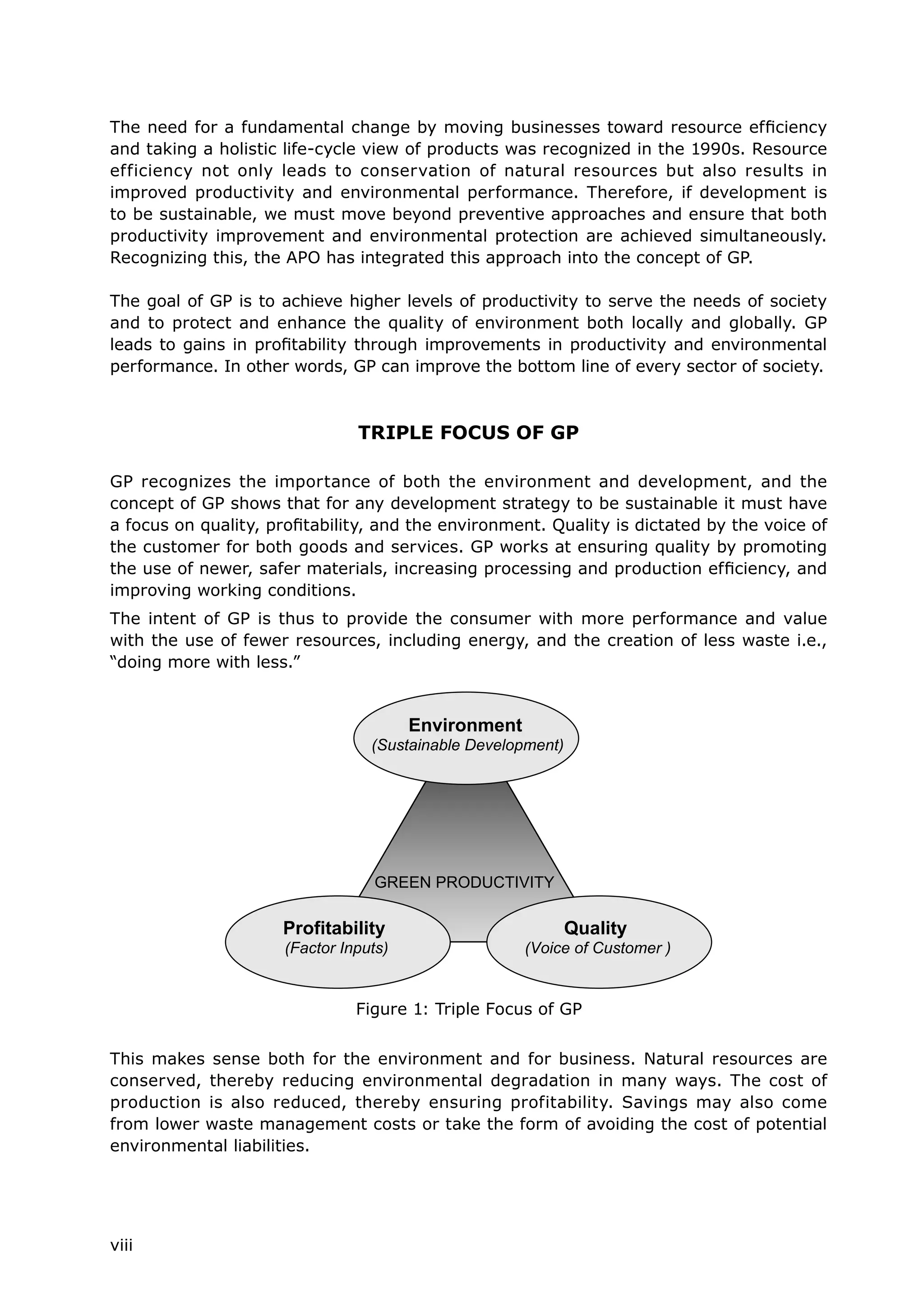 viii
The need for a fundamental change by moving businesses toward resource efficiency
and taking a holistic life-cycle view of products was recognized in the 1990s. Resource
efficiency not only leads to conservation of natural resources but also results in
improved productivity and environmental performance. Therefore, if development is
to be sustainable, we must move beyond preventive approaches and ensure that both
productivity improvement and environmental protection are achieved simultaneously.
Recognizing this, the APO has integrated this approach into the concept of GP.
The goal of GP is to achieve higher levels of productivity to serve the needs of society
and to protect and enhance the quality of environment both locally and globally. GP
leads to gains in profitability through improvements in productivity and environmental
performance. In other words, GP can improve the bottom line of every sector of society.
TRIPLE FOCUS OF GP
GP recognizes the importance of both the environment and development, and the
concept of GP shows that for any development strategy to be sustainable it must have
a focus on quality, profitability, and the environment. Quality is dictated by the voice of
the customer for both goods and services. GP works at ensuring quality by promoting
the use of newer, safer materials, increasing processing and production efficiency, and
improving working conditions.
The intent of GP is thus to provide the consumer with more performance and value
with the use of fewer resources, including energy, and the creation of less waste i.e.,
“doing more with less.”
This makes sense both for the environment and for business. Natural resources are
conserved, thereby reducing environmental degradation in many ways. The cost of
production is also reduced, thereby ensuring profitability. Savings may also come
from lower waste management costs or take the form of avoiding the cost of potential
environmental liabilities.
Figure 1: Triple Focus of GP
 