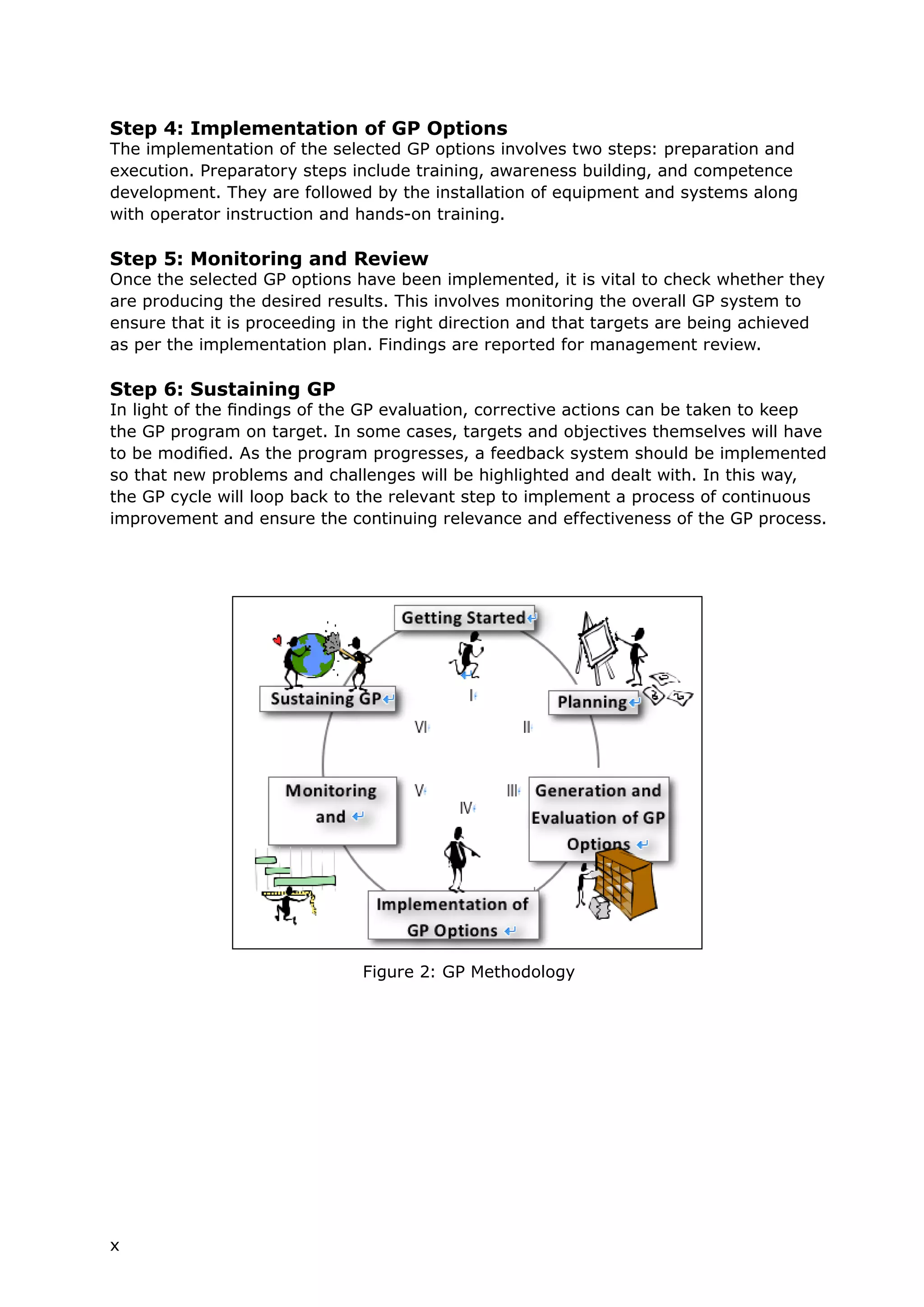 Step 4: Implementation of GP Options
The implementation of the selected GP options involves two steps: preparation and
execution. Preparatory steps include training, awareness building, and competence
development. They are followed by the installation of equipment and systems along
with operator instruction and hands-on training.
Step 5: Monitoring and Review
Once the selected GP options have been implemented, it is vital to check whether they
are producing the desired results. This involves monitoring the overall GP system to
ensure that it is proceeding in the right direction and that targets are being achieved
as per the implementation plan. Findings are reported for management review.
Step 6: Sustaining GP
In light of the findings of the GP evaluation, corrective actions can be taken to keep
the GP program on target. In some cases, targets and objectives themselves will have
to be modified. As the program progresses, a feedback system should be implemented
so that new problems and challenges will be highlighted and dealt with. In this way,
the GP cycle will loop back to the relevant step to implement a process of continuous
improvement and ensure the continuing relevance and effectiveness of the GP process.
Figure 2: GP Methodology
x
 