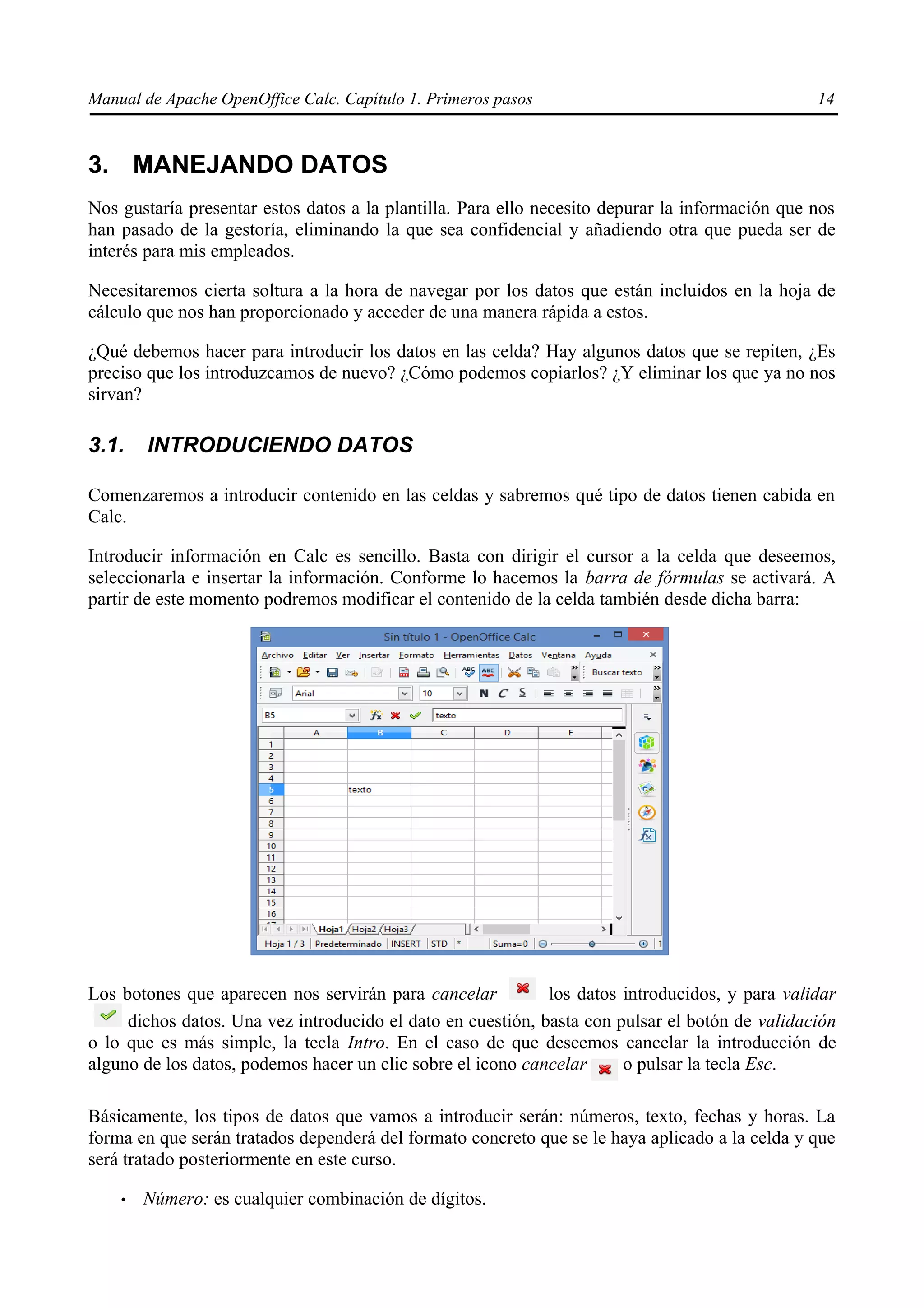 Manual de Apache OpenOffice Calc. Capítulo 1. Primeros pasos 14
3. MANEJANDO DATOS
Nos gustaría presentar estos datos a la plantilla. Para ello necesito depurar la información que nos
han pasado de la gestoría, eliminando la que sea confidencial y añadiendo otra que pueda ser de
interés para mis empleados.
Necesitaremos cierta soltura a la hora de navegar por los datos que están incluidos en la hoja de
cálculo que nos han proporcionado y acceder de una manera rápida a estos.
¿Qué debemos hacer para introducir los datos en las celda? Hay algunos datos que se repiten, ¿Es
preciso que los introduzcamos de nuevo? ¿Cómo podemos copiarlos? ¿Y eliminar los que ya no nos
sirvan?
3.1. INTRODUCIENDO DATOS
Comenzaremos a introducir contenido en las celdas y sabremos qué tipo de datos tienen cabida en
Calc.
Introducir información en Calc es sencillo. Basta con dirigir el cursor a la celda que deseemos,
seleccionarla e insertar la información. Conforme lo hacemos la barra de fórmulas se activará. A
partir de este momento podremos modificar el contenido de la celda también desde dicha barra:
Los botones que aparecen nos servirán para cancelar los datos introducidos, y para validar
dichos datos. Una vez introducido el dato en cuestión, basta con pulsar el botón de validación
o lo que es más simple, la tecla Intro. En el caso de que deseemos cancelar la introducción de
alguno de los datos, podemos hacer un clic sobre el icono cancelar o pulsar la tecla Esc.
Básicamente, los tipos de datos que vamos a introducir serán: números, texto, fechas y horas. La
forma en que serán tratados dependerá del formato concreto que se le haya aplicado a la celda y que
será tratado posteriormente en este curso.
• Número: es cualquier combinación de dígitos.
 