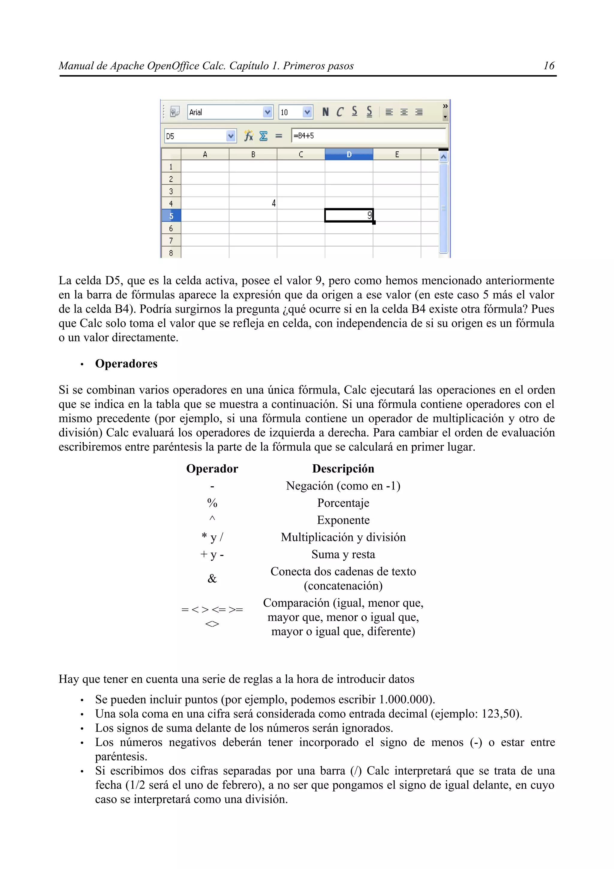 Manual de Apache OpenOffice Calc. Capítulo 1. Primeros pasos 16
La celda D5, que es la celda activa, posee el valor 9, pero como hemos mencionado anteriormente
en la barra de fórmulas aparece la expresión que da origen a ese valor (en este caso 5 más el valor
de la celda B4). Podría surgirnos la pregunta ¿qué ocurre si en la celda B4 existe otra fórmula? Pues
que Calc solo toma el valor que se refleja en celda, con independencia de si su origen es un fórmula
o un valor directamente.
• Operadores
Si se combinan varios operadores en una única fórmula, Calc ejecutará las operaciones en el orden
que se indica en la tabla que se muestra a continuación. Si una fórmula contiene operadores con el
mismo precedente (por ejemplo, si una fórmula contiene un operador de multiplicación y otro de
división) Calc evaluará los operadores de izquierda a derecha. Para cambiar el orden de evaluación
escribiremos entre paréntesis la parte de la fórmula que se calculará en primer lugar.
Operador Descripción
- Negación (como en -1)
% Porcentaje
^ Exponente
* y / Multiplicación y división
+ y - Suma y resta
&
Conecta dos cadenas de texto
(concatenación)
= < > <= >=
<>
Comparación (igual, menor que,
mayor que, menor o igual que,
mayor o igual que, diferente)
Hay que tener en cuenta una serie de reglas a la hora de introducir datos
• Se pueden incluir puntos (por ejemplo, podemos escribir 1.000.000).
• Una sola coma en una cifra será considerada como entrada decimal (ejemplo: 123,50).
• Los signos de suma delante de los números serán ignorados.
• Los números negativos deberán tener incorporado el signo de menos (-) o estar entre
paréntesis.
• Si escribimos dos cifras separadas por una barra (/) Calc interpretará que se trata de una
fecha (1/2 será el uno de febrero), a no ser que pongamos el signo de igual delante, en cuyo
caso se interpretará como una división.
 