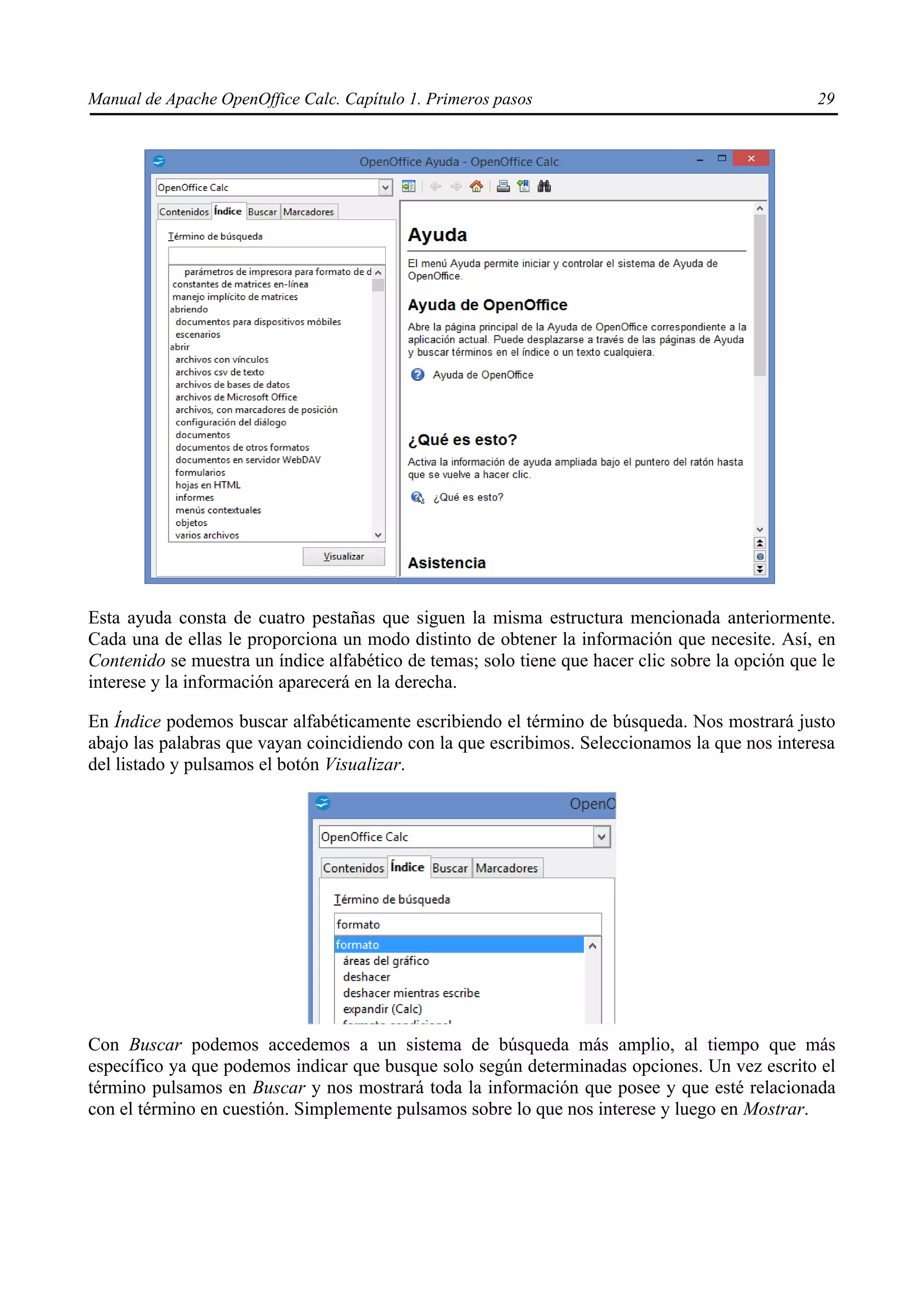 Manual de Apache OpenOffice Calc. Capítulo 1. Primeros pasos 29
Esta ayuda consta de cuatro pestañas que siguen la misma estructura mencionada anteriormente.
Cada una de ellas le proporciona un modo distinto de obtener la información que necesite. Así, en
Contenido se muestra un índice alfabético de temas; solo tiene que hacer clic sobre la opción que le
interese y la información aparecerá en la derecha.
En Índice podemos buscar alfabéticamente escribiendo el término de búsqueda. Nos mostrará justo
abajo las palabras que vayan coincidiendo con la que escribimos. Seleccionamos la que nos interesa
del listado y pulsamos el botón Visualizar.
Con Buscar podemos accedemos a un sistema de búsqueda más amplio, al tiempo que más
específico ya que podemos indicar que busque solo según determinadas opciones. Un vez escrito el
término pulsamos en Buscar y nos mostrará toda la información que posee y que esté relacionada
con el término en cuestión. Simplemente pulsamos sobre lo que nos interese y luego en Mostrar.
 