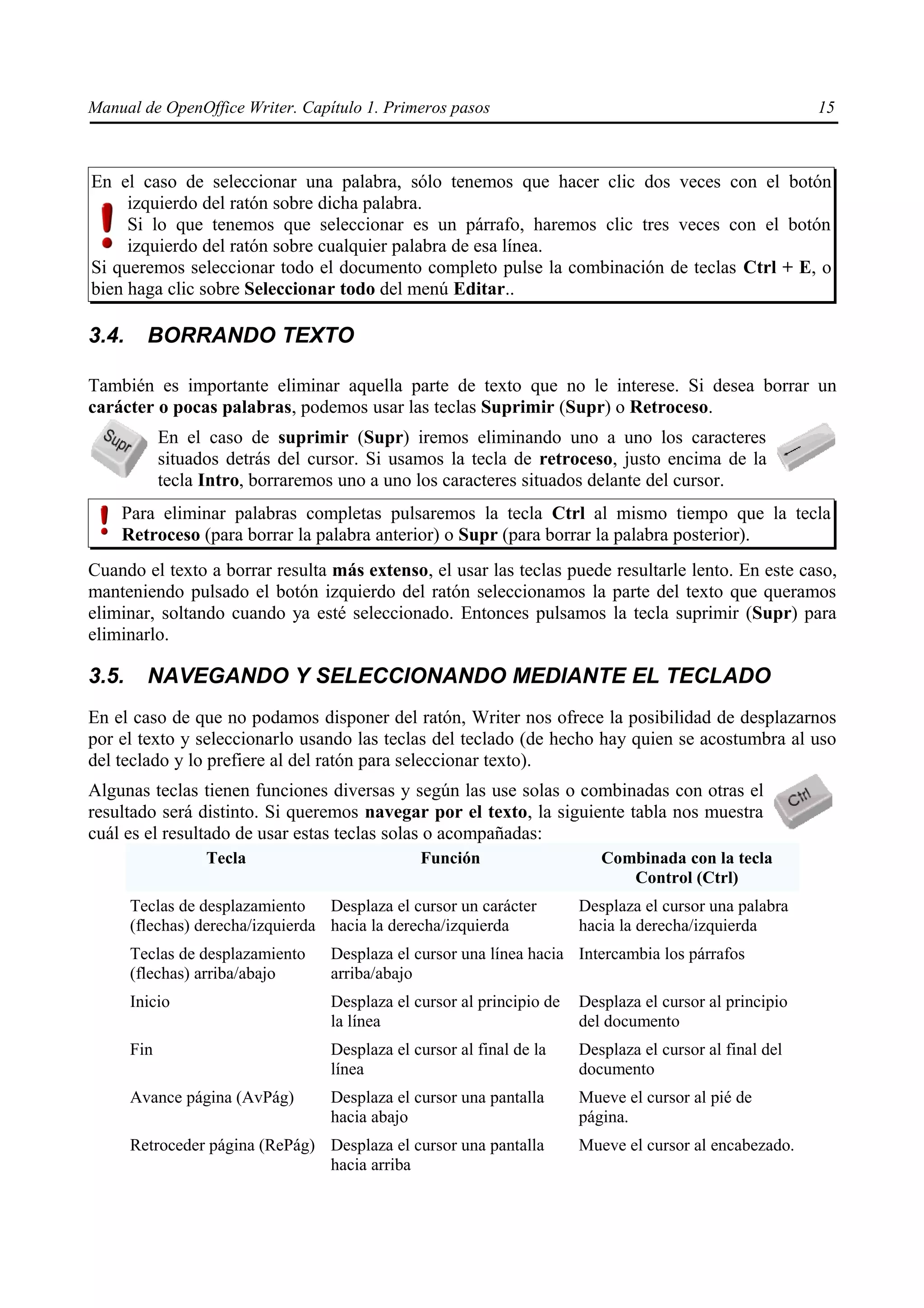 Manual de OpenOffice Writer. Capítulo 1. Primeros pasos                                                   15



En el caso de seleccionar una palabra, sólo tenemos que hacer clic dos veces con el botón
     izquierdo del ratón sobre dicha palabra.
     Si lo que tenemos que seleccionar es un párrafo, haremos clic tres veces con el botón
     izquierdo del ratón sobre cualquier palabra de esa línea.
Si queremos seleccionar todo el documento completo pulse la combinación de teclas Ctrl + E, o
bien haga clic sobre Seleccionar todo del menú Editar..

3.4.     BORRANDO TEXTO

También es importante eliminar aquella parte de texto que no le interese. Si desea borrar un
carácter o pocas palabras, podemos usar las teclas Suprimir (Supr) o Retroceso.
             En el caso de suprimir (Supr) iremos eliminando uno a uno los caracteres
             situados detrás del cursor. Si usamos la tecla de retroceso, justo encima de la
             tecla Intro, borraremos uno a uno los caracteres situados delante del cursor.
    Para eliminar palabras completas pulsaremos la tecla Ctrl al mismo tiempo que la tecla
    Retroceso (para borrar la palabra anterior) o Supr (para borrar la palabra posterior).
Cuando el texto a borrar resulta más extenso, el usar las teclas puede resultarle lento. En este caso,
manteniendo pulsado el botón izquierdo del ratón seleccionamos la parte del texto que queramos
eliminar, soltando cuando ya esté seleccionado. Entonces pulsamos la tecla suprimir (Supr) para
eliminarlo.

3.5.     NAVEGANDO Y SELECCIONANDO MEDIANTE EL TECLADO
En el caso de que no podamos disponer del ratón, Writer nos ofrece la posibilidad de desplazarnos
por el texto y seleccionarlo usando las teclas del teclado (de hecho hay quien se acostumbra al uso
del teclado y lo prefiere al del ratón para seleccionar texto).
Algunas teclas tienen funciones diversas y según las use solas o combinadas con otras el
resultado será distinto. Si queremos navegar por el texto, la siguiente tabla nos muestra
cuál es el resultado de usar estas teclas solas o acompañadas:
                   Tecla                        Función                    Combinada con la tecla
                                                                              Control (Ctrl)
       Teclas de desplazamiento Desplaza el cursor un carácter          Desplaza el cursor una palabra
       (flechas) derecha/izquierda hacia la derecha/izquierda           hacia la derecha/izquierda
       Teclas de desplazamiento    Desplaza el cursor una línea hacia Intercambia los párrafos
       (flechas) arriba/abajo      arriba/abajo
       Inicio                      Desplaza el cursor al principio de   Desplaza el cursor al principio
                                   la línea                             del documento
       Fin                         Desplaza el cursor al final de la    Desplaza el cursor al final del
                                   línea                                documento
       Avance página (AvPág)       Desplaza el cursor una pantalla      Mueve el cursor al pié de
                                   hacia abajo                          página.
       Retroceder página (RePág) Desplaza el cursor una pantalla        Mueve el cursor al encabezado.
                                 hacia arriba
 