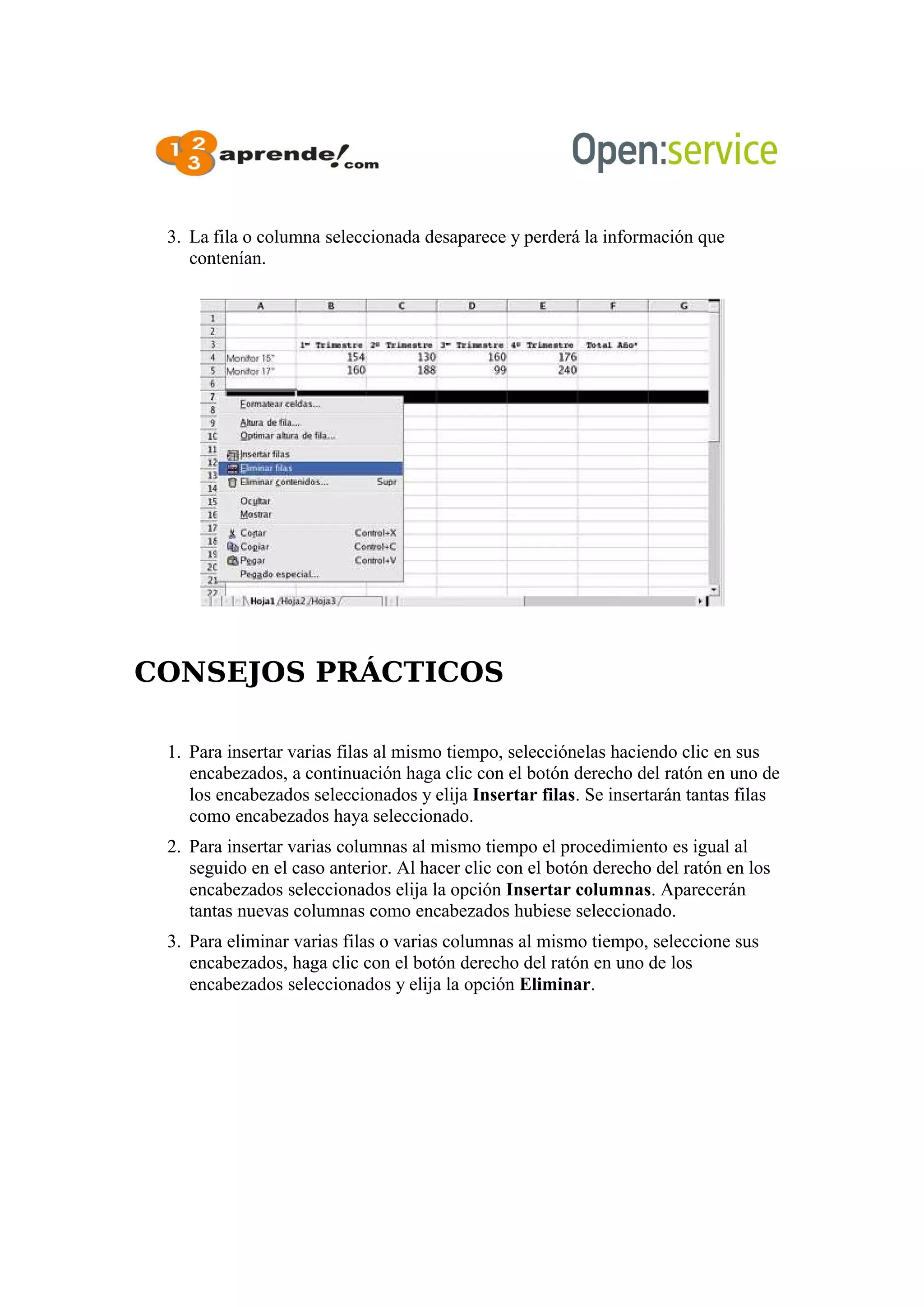3. La fila o columna seleccionada desaparece y perderá la información que
contenían.
CONSEJOS PRÁCTICOS
1. Para insertar varias filas al mismo tiempo, selecciónelas haciendo clic en sus
encabezados, a continuación haga clic con el botón derecho del ratón en uno de
los encabezados seleccionados y elija Insertar filas. Se insertarán tantas filas
como encabezados haya seleccionado.
2. Para insertar varias columnas al mismo tiempo el procedimiento es igual al
seguido en el caso anterior. Al hacer clic con el botón derecho del ratón en los
encabezados seleccionados elija la opción Insertar columnas. Aparecerán
tantas nuevas columnas como encabezados hubiese seleccionado.
3. Para eliminar varias filas o varias columnas al mismo tiempo, seleccione sus
encabezados, haga clic con el botón derecho del ratón en uno de los
encabezados seleccionados y elija la opción Eliminar.
 