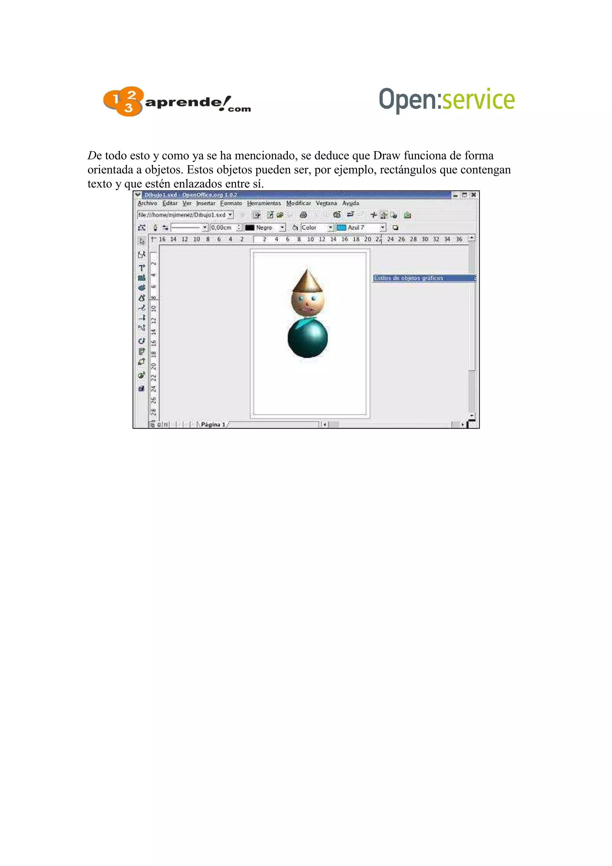 De todo esto y como ya se ha mencionado, se deduce que Draw funciona de forma
orientada a objetos. Estos objetos pueden ser, por ejemplo, rectángulos que contengan
texto y que estén enlazados entre sí.
 