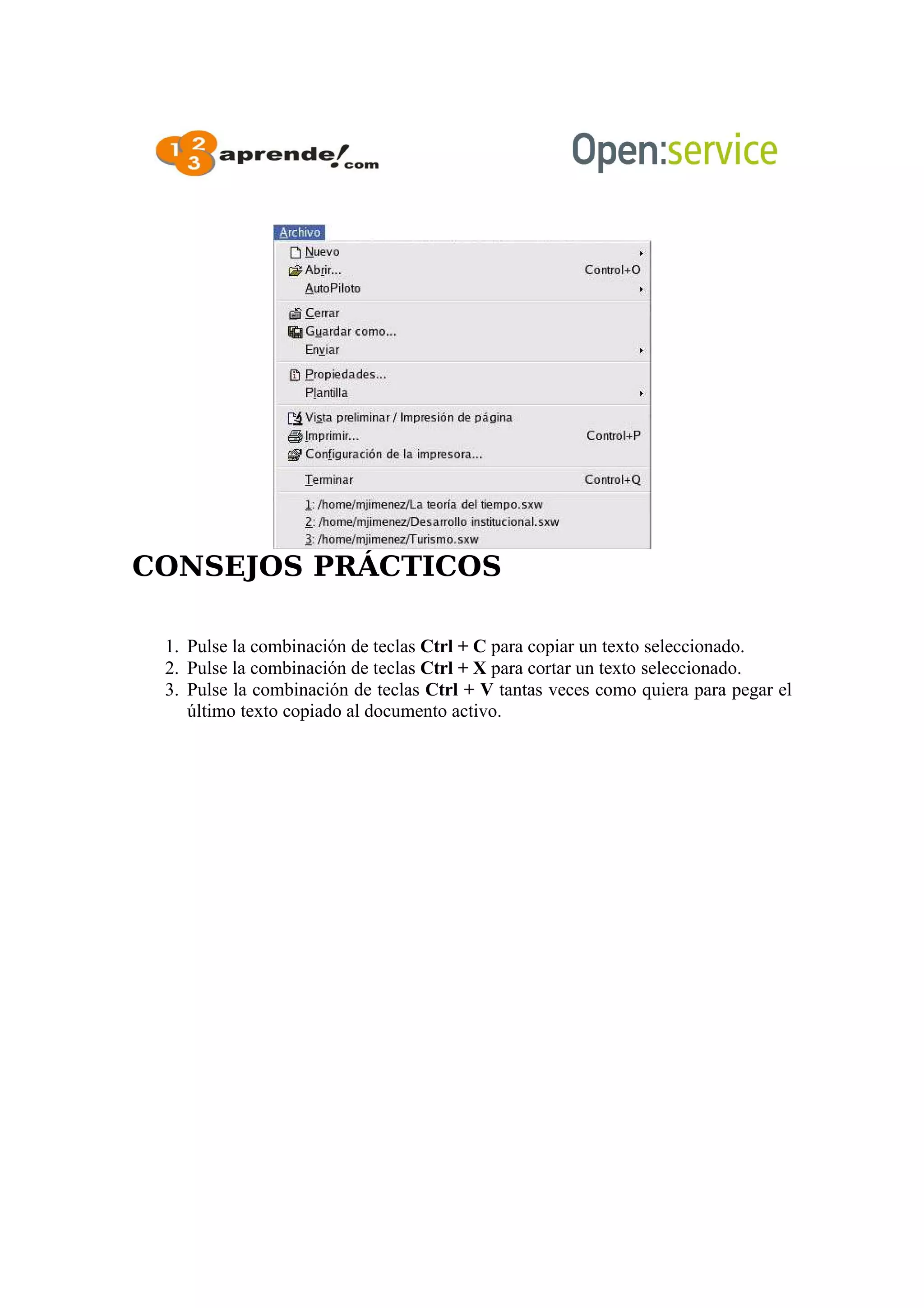 CONSEJOS PRÁCTICOS
1. Pulse la combinación de teclas Ctrl + C para copiar un texto seleccionado.
2. Pulse la combinación de teclas Ctrl + X para cortar un texto seleccionado.
3. Pulse la combinación de teclas Ctrl + V tantas veces como quiera para pegar el
último texto copiado al documento activo.
 
