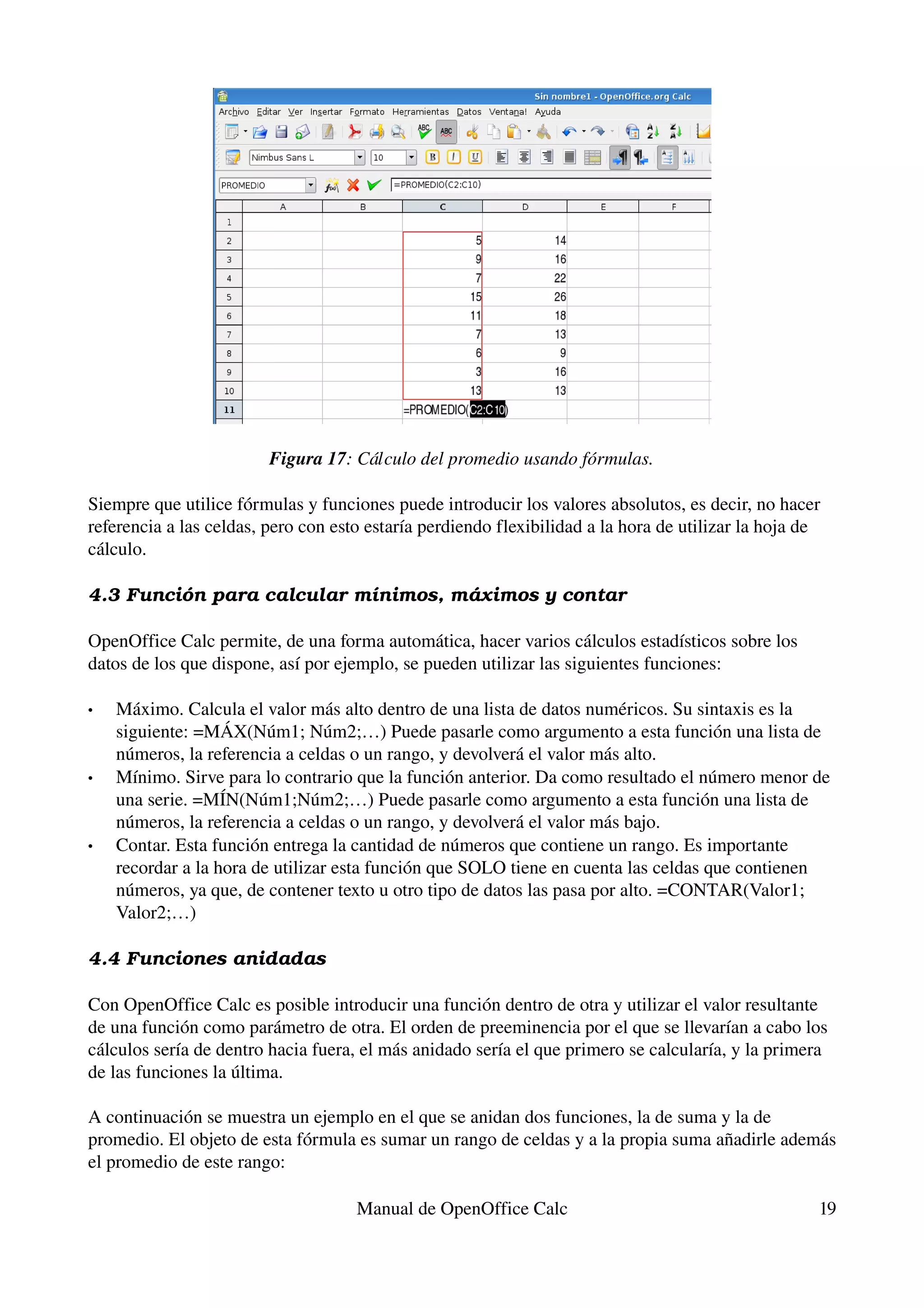 Figura 17: Cálculo del promedio usando fórmulas.

Siempre que utilice fórmulas y funciones puede introducir los valores absolutos, es decir, no hacer 
referencia a las celdas, pero con esto estaría perdiendo flexibilidad a la hora de utilizar la hoja de 
cálculo.

4.3 Función para calcular mínimos, má ximos y contar

OpenOffice Calc permite, de una forma automática, hacer varios cálculos estadísticos sobre los 
datos de los que dispone, así por ejemplo, se pueden utilizar las siguientes funciones:

•   Máximo. Calcula el valor más alto dentro de una lista de datos numéricos. Su sintaxis es la 
    siguiente: =MÁX(Núm1; Núm2;…) Puede pasarle como argumento a esta función una lista de 
    números, la referencia a celdas o un rango, y devolverá el valor más alto.
•   Mínimo. Sirve para lo contrario que la función anterior. Da como resultado el número menor de 
    una serie. =MÍN(Núm1;Núm2;…) Puede pasarle como argumento a esta función una lista de 
    números, la referencia a celdas o un rango, y devolverá el valor más bajo.
•   Contar. Esta función entrega la cantidad de números que contiene un rango. Es importante 
    recordar a la hora de utilizar esta función que SOLO tiene en cuenta las celdas que contienen 
    números, ya que, de contener texto u otro tipo de datos las pasa por alto. =CONTAR(Valor1; 
    Valor2;…)

4.4 Funciones anidadas

Con OpenOffice Calc es posible introducir una función dentro de otra y utilizar el valor resultante 
de una función como parámetro de otra. El orden de preeminencia por el que se llevarían a cabo los 
cálculos sería de dentro hacia fuera, el más anidado sería el que primero se calcularía, y la primera 
de las funciones la última.

A continuación se muestra un ejemplo en el que se anidan dos funciones, la de suma y la de 
promedio. El objeto de esta fórmula es sumar un rango de celdas y a la propia suma añadirle además 
el promedio de este rango:

                                     Manual de OpenOffice Calc                                        19
 