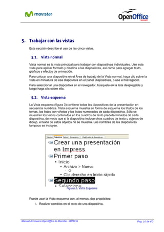 Manual de Usuario OpenOffice de Movistar - IMPRESS Pag. 10 de 40
5. Trabajar con las vistas
Esta sección describe el uso de las cinco vistas.
5.1. Vista normal
Vista normal es la vista principal para trabajar con diapositivas individuales. Use esta
vista para aplicar formato y diseños a las diapositivas, así como para agregar texto,
gráficos y efectos de animación.
Para colocar una diapositiva en el Área de trabajo de la Vista normal, haga clic sobre la
vista en miniatura de esa diapositiva en el panel Diapositivas, o use el Navegador.
Para seleccionar una diapositiva en el navegador, búsquela en la lista desplegable y
luego haga clic sobre ella.
5.2. Vista esquema
La Vista esquema (figura 3) contiene todas las diapositivas de la presentación en
secuencia numérica. Vista esquema muestra en forma de esquema los títulos de los
temas, las listas con viñetas y las listas numeradas de cada diapositiva. Sólo se
muestran los textos contenidos en los cuadros de texto predeterminados de cada
diapositiva, de modo que si la diapositiva incluye otros cuadros de texto u objetos de
dibujo, el texto de estos objetos no se muestra. Los nombres de las diapositivas
tampoco se incluyen.
Puede usar la Vista esquema con, al menos, dos propósitos:
1. Realizar cambios en el texto de una diapositiva.
Figura 2: Vista Esquema
 