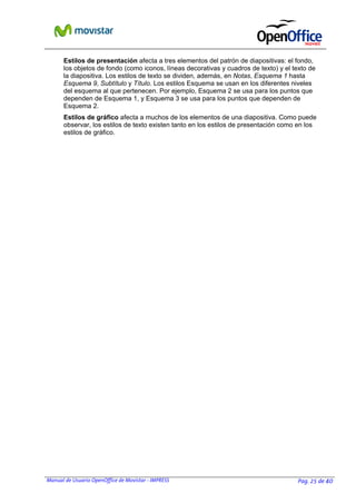 Manual de Usuario OpenOffice de Movistar - IMPRESS Pag. 25 de 40
Estilos de presentación afecta a tres elementos del patrón de diapositivas: el fondo,
los objetos de fondo (como iconos, líneas decorativas y cuadros de texto) y el texto de
la diapositiva. Los estilos de texto se dividen, además, en Notas, Esquema 1 hasta
Esquema 9, Subtítulo y Título. Los estilos Esquema se usan en los diferentes niveles
del esquema al que pertenecen. Por ejemplo, Esquema 2 se usa para los puntos que
dependen de Esquema 1, y Esquema 3 se usa para los puntos que dependen de
Esquema 2.
Estilos de gráfico afecta a muchos de los elementos de una diapositiva. Como puede
observar, los estilos de texto existen tanto en los estilos de presentación como en los
estilos de gráfico.
 