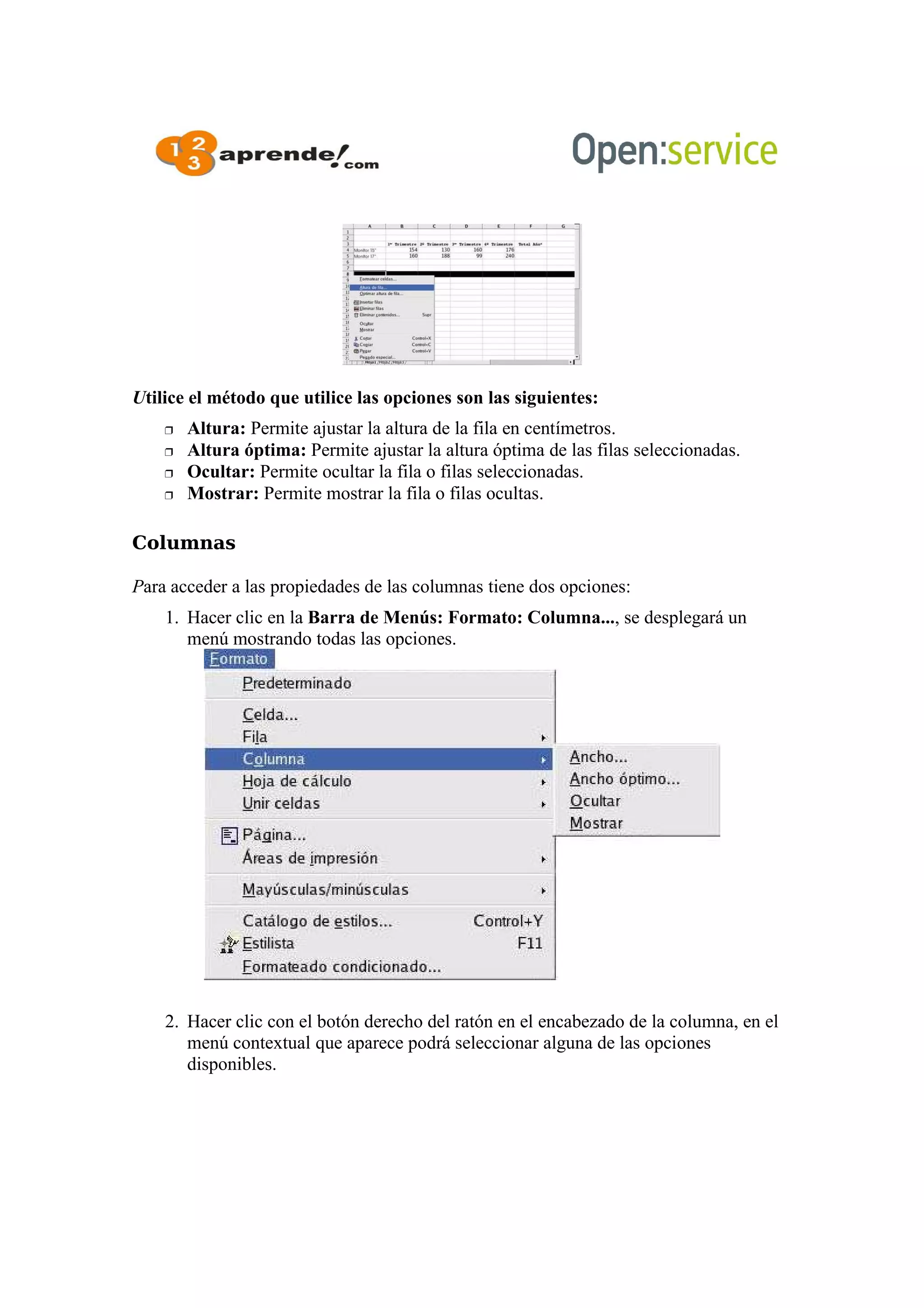 Utilice el método que utilice las opciones son las siguientes:
 Altura: Permite ajustar la altura de la fila en centímetros.
 Altura óptima: Permite ajustar la altura óptima de las filas seleccionadas.
 Ocultar: Permite ocultar la fila o filas seleccionadas.
 Mostrar: Permite mostrar la fila o filas ocultas.
Columnas
Para acceder a las propiedades de las columnas tiene dos opciones:
1. Hacer clic en la Barra de Menús: Formato: Columna..., se desplegará un
menú mostrando todas las opciones.
2. Hacer clic con el botón derecho del ratón en el encabezado de la columna, en el
menú contextual que aparece podrá seleccionar alguna de las opciones
disponibles.
 