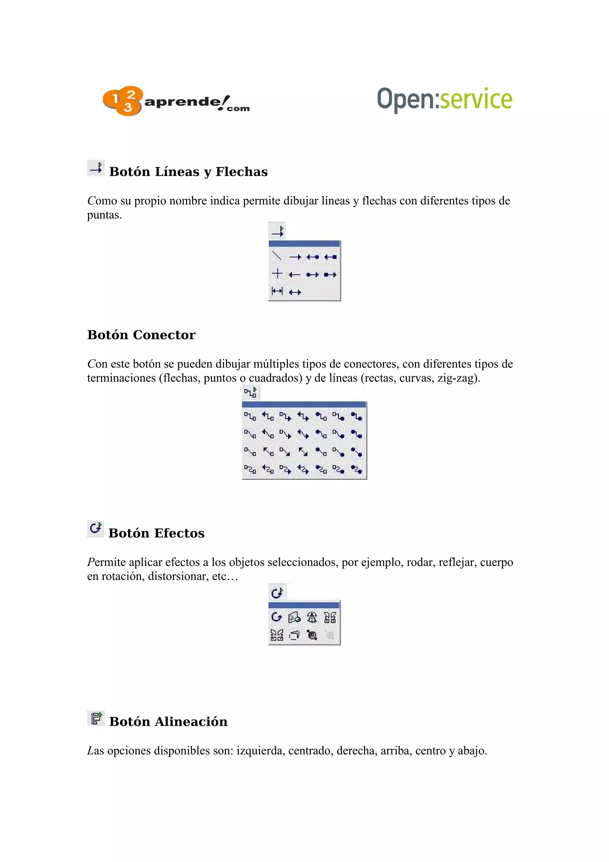 Botón Líneas y Flechas
Como su propio nombre indica permite dibujar líneas y flechas con diferentes tipos de
puntas.
Botón Conector
Con este botón se pueden dibujar múltiples tipos de conectores, con diferentes tipos de
terminaciones (flechas, puntos o cuadrados) y de líneas (rectas, curvas, zig-zag).
Botón Efectos
Permite aplicar efectos a los objetos seleccionados, por ejemplo, rodar, reflejar, cuerpo
en rotación, distorsionar, etc…
Botón Alineación
Las opciones disponibles son: izquierda, centrado, derecha, arriba, centro y abajo.
 