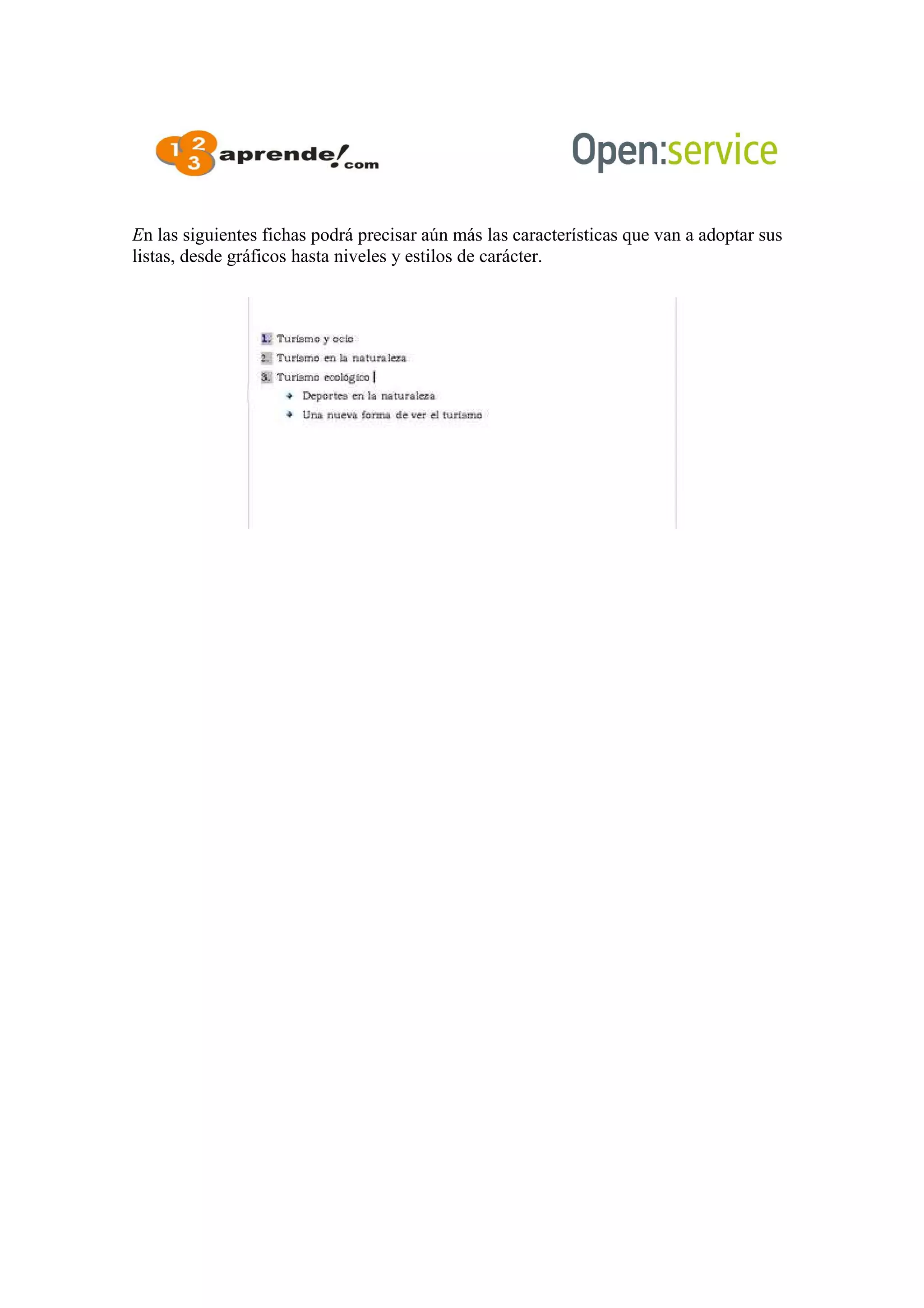 En las siguientes fichas podrá precisar aún más las características que van a adoptar sus
listas, desde gráficos hasta niveles y estilos de carácter.
 
