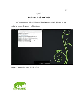 13
Capítulo 4
Interacción con el SHELL del SO
Por ultimo hare una demostración breve del SHELL del sistema operativo, lo cual
será crear algunos directorios y subdirectorios.
Figura 13. Interacción con el SHELL del SO
 