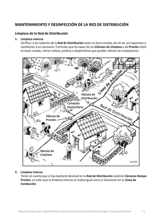 Manual de Operación, Mantenimiento y Desinfección Sanitaria del Sistema de Agua y Saneamiento Rural - 3 3
MANTENIMIENTO Y DESINFECCIÓN DE LA RED DE DISTRIBUCIÓN
Limpieza de la Red de Distribución
1. Limpieza externa
Verificar si las tuberías de la Red de Distribución están en buen estado, de no ser así repararlas o
cambiarlas si es necesario. Controlar que las tapas de las Válvulas de Limpieza y de Presión estén
en buen estado, retirar maleza, piedras o desperdicios que puedan afectar las instalaciones.
2. Limpieza interna
Tener en cuenta que si hay bastante desnivel en la Red de Distribución existirán Cámaras Rompe
Presión, en este caso la limpieza interna se realiza igual como si estuvieran en la Línea de
Conducción.
Graf-64
 