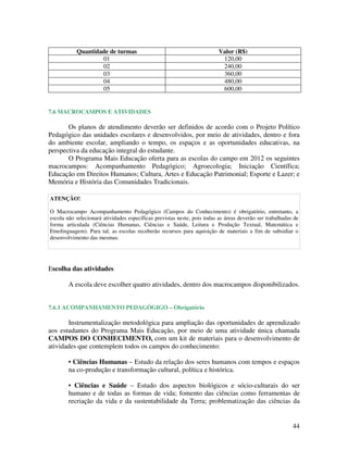 Quantidade de turmas                                           Valor (R$)
                   01                                                      120,00
                   02                                                      240,00
                   03                                                      360,00
                   04                                                      480,00
                   05                                                      600,00


7.6 MACROCAMPOS E ATIVIDADES

       Os planos de atendimento deverão ser definidos de acordo com o Projeto Político
Pedagógico das unidades escolares e desenvolvidos, por meio de atividades, dentro e fora
do ambiente escolar, ampliando o tempo, os espaços e as oportunidades educativas, na
perspectiva da educação integral do estudante.
       O Programa Mais Educação oferta para as escolas do campo em 2012 os seguintes
macrocampos: Acompanhamento Pedagógico; Agroecologia; Iniciação Científica;
Educação em Direitos Humanos; Cultura, Artes e Educação Patrimonial; Esporte e Lazer; e
Memória e História das Comunidades Tradicionais.

ATENÇÃO!

O Macrocampo Acompanhamento Pedagógico (Campos do Conhecimento) é obrigatório, entretanto, a
escola não selecionará atividades específicas previstas neste, pois todas as áreas deverão ser trabalhadas de
forma articulada (Ciências Humanas, Ciências e Saúde, Leitura e Produção Textual, Matemática e
Etnolinguagem). Para tal, as escolas receberão recursos para aquisição de materiais a fim de subsidiar o
desenvolvimento das mesmas.




Escolha das atividades

        A escola deve escolher quatro atividades, dentro dos macrocampos disponibilizados.


7.6.1 ACOMPANHAMENTO PEDAGÓGIGO – Obrigatório

       Instrumentalização metodológica para ampliação das oportunidades de aprendizado
aos estudantes do Programa Mais Educação, por meio de uma atividade única chamada
CAMPOS DO CONHECIMENTO, com um kit de materiais para o desenvolvimento de
atividades que contemplem todos os campos do conhecimento:

        • Ciências Humanas – Estudo da relação dos seres humanos com tempos e espaços
        na co-produção e transformação cultural, política e histórica.

        • Ciências e Saúde – Estudo dos aspectos biológicos e sócio-culturais do ser
        humano e de todas as formas de vida; fomento das ciências como ferramentas de
        recriação da vida e da sustentabilidade da Terra; problematização das ciências da


                                                                                                          44
 