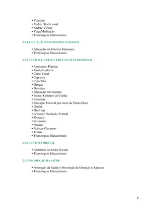 • Voleibol
      • Xadrez Tradicional
      • Xadrez Virtual
      • Yoga/Meditação
      • Tecnologias Educacionais

2.1.4 EDUCAÇÃO EM DIREITOS HUMANOS

      • Educação em Direitos Humanos
      • Tecnologias Educacionais

2.1.5 CULTURA, ARTES E EDUCAÇÃO PATRIMONIAL

      • Artesanato Popular
      • Banda Fanfarra
      • Canto Coral
      • Capoeira
      • Cineclube
      • Danças
      • Desenho
      • Educação Patrimonial
      • Ensino Coletivo de Cordas
      • Escultura
      • Iniciação Musical por meio da Flauta Doce
      • Grafite
      • Hip-Hop
      • Leitura e Produção Textual
      • Mosaico
      • Percussão
      • Pintura
      • Práticas Circenses
      • Teatro
      • Tecnologias Educacionais

2.1.6 CULTURA DIGITAL

      • Ambiente de Redes Sociais
      • Tecnologias Educacionais

2.1.7 PROMOÇÃO DA SAÚDE

      • Promoção da Saúde e Prevenção de Doenças e Agravos
      • Tecnologias Educacionais




                                                             6
 