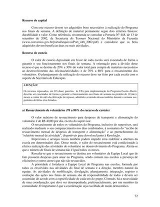 Recurso de capital

       Com este recurso devem ser adquiridos bens necessários à realização do Programa
nos finais de semana. A definição de material permanente segue dois critérios básicos:
durabilidade e valor. Como referência, recomenda-se consultar a Portaria Nº 448, de 13 de
setembro de 2002, da Secretaria do Tesouro Nacional do Ministério da Fazenda
(www.convenios.gov.br/portal/arquivos/Port_448_2002.pdf) e considerar que os bens
adquiridos devem beneficiar duas ou mais atividades.

Recurso de custeio

        O valor de custeio depositado em favor de cada escola será executado de forma a
garantir o seu funcionamento nos finais de semana. A orientação para a divisão deste
recurso é que se destine de 20% a 30% do valor total para compra de materiais necessários
ao desenvolvimento das oficinas/atividades; e de 70% a 80% para o ressarcimento dos
voluntários. O planejamento da utilização do recurso deve ser feito por cada escola com o
suporte da Secretaria de Educação.

 ATENÇÃO!

 Os recursos repassados, em 02 (duas) parcelas, às UEx para implementação do Programa Escola Aberta
 deverão ser executados de forma a garantir o funcionamento nos finais de semana no período de 10 (dez)
 meses a contar do mês da efetivação do repasse, admitida a extensão dessas também durante a semana nos
 períodos de férias e/ou feriados.


a) Ressarcimento de voluntários (70 a 80% do recurso de custeio)

        O valor máximo de ressarcimento para despesas de transporte e alimentação do
voluntário é de R$ 40,00 por dia, exceto do supervisor.
        O ressarcimento de todos os voluntários do Programa, inclusive do supervisor, será
realizado mediante o seu comparecimento nos dias combinados, à assinatura do “recibo de
ressarcimento mensal de despesas de transporte e alimentação” e ao preenchimento do
“relatório mensal de atividade”, disponíveis para download junto à Resolução.
        Imprevistos e arranjos locais também podem impedir e/ou redefinir a abertura da
escola em determinados dias. Desse modo, o valor do ressarcimento está condicionado à
efetiva realização das atividades do voluntário no desenvolvimento do Programa. Alerta-se
que o número de finais de semana não é igual todos os meses.
        Ressalta-se que o ressarcimento se destina aos voluntários da Equipe Local que de
fato possuem despesas para atuar no Programa, sendo comum nas escolas a presença de
oficineiros e outros atores que não são ressarcidos.
        A prioridade é fortalecer a Equipe Local do Programa nas escolas, formada por
todos os envolvidos nas atividades do final de semana e a direção, membro natural da
equipe. As atividades de mobilização, divulgação, planejamento, integração, registro e
avaliação das ações nos finais de semana são de responsabilidade de todos e devem ser
assumidas de acordo com a especificidade de cada um do grupo. Contudo, há a necessidade
de uma coordenação, que deve ser desempenhada, preferencialmente, por um membro da
comunidade. O importante é que a coordenação seja escolhida de modo democrático.


                                                                                                     72
 