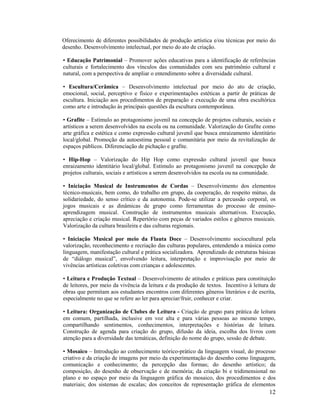 12
Oferecimento de diferentes possibilidades de produção artística e/ou técnicas por meio do
desenho. Desenvolvimento intelectual, por meio do ato de criação.
• Educação Patrimonial – Promover ações educativas para a identificação de referências
culturais e fortalecimento dos vínculos das comunidades com seu patrimônio cultural e
natural, com a perspectiva de ampliar o entendimento sobre a diversidade cultural.
• Escultura/Cerâmica – Desenvolvimento intelectual por meio do ato de criação,
emocional, social, perceptivo e físico e experimentações estéticas a partir de práticas de
escultura. Iniciação aos procedimentos de preparação e execução de uma obra escultórica
como arte e introdução às principais questões da escultura contemporânea.
• Grafite – Estímulo ao protagonismo juvenil na concepção de projetos culturais, sociais e
artísticos a serem desenvolvidos na escola ou na comunidade. Valorização do Grafite como
arte gráfica e estética e como expressão cultural juvenil que busca enraizamento identitário
local/global. Promoção da autoestima pessoal e comunitária por meio da revitalização de
espaços públicos. Diferenciação de pichação e grafite.
• Hip-Hop – Valorização do Hip Hop como expressão cultural juvenil que busca
enraizamento identitário local/global. Estímulo ao protagonismo juvenil na concepção de
projetos culturais, sociais e artísticos a serem desenvolvidos na escola ou na comunidade.
• Iniciação Musical de Instrumentos de Cordas – Desenvolvimento dos elementos
técnico-musicais, bem como, do trabalho em grupo, da cooperação, do respeito mútuo, da
solidariedade, do senso crítico e da autonomia. Pode-se utilizar a percussão corporal, os
jogos musicais e as dinâmicas de grupo como ferramentas do processo de ensino-
aprendizagem musical. Construção de instrumentos musicais alternativos. Execução,
apreciação e criação musical. Repertório com peças de variados estilos e gêneros musicais.
Valorização da cultura brasileira e das culturas regionais.
• Iniciação Musical por meio da Flauta Doce – Desenvolvimento sociocultural pela
valorização, reconhecimento e recriação das culturas populares, entendendo a música como
linguagem, manifestação cultural e prática socializadora. Aprendizado de estruturas básicas
de “diálogo musical”, envolvendo leitura, interpretação e improvisação por meio de
vivências artísticas coletivas com crianças e adolescentes.
• Leitura e Produção Textual – Desenvolvimento de atitudes e práticas para constituição
de leitores, por meio da vivência da leitura e da produção de textos. Incentivo à leitura de
obras que permitam aos estudantes encontros com diferentes gêneros literários e de escrita,
especialmente no que se refere ao ler para apreciar/fruir, conhecer e criar.
• Leitura: Organização de Clubes de Leitura - Criação de grupo para prática de leitura
em comum, partilhada, inclusive em voz alta e para várias pessoas ao mesmo tempo,
compartilhando sentimentos, conhecimentos, interpretações e histórias de leitura.
Construção de agenda para criação do grupo, difusão da ideia, escolha dos livros com
atenção para a diversidade das temáticas, definição do nome do grupo, sessão de debate.
• Mosaico – Introdução ao conhecimento teórico-prático da linguagem visual, do processo
criativo e da criação de imagens por meio da experimentação do desenho como linguagem,
comunicação e conhecimento; da percepção das formas; do desenho artístico; da
composição, do desenho de observação e de memória; da criação bi e tridimensional no
plano e no espaço por meio da linguagem gráfica do mosaico, dos procedimentos e dos
materiais; dos sistemas de escalas; dos conceitos de representação gráfica de elementos
 