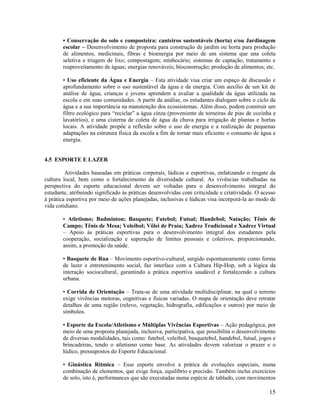 15
• Conservação do solo e composteira: canteiros sustentáveis (horta) e/ou Jardinagem
escolar – Desenvolvimento de proposta para construção de jardim ou horta para produção
de alimentos, medicinais, fibras e bioenergia por meio de um sistema que una coleta
seletiva e triagem de lixo; compostagem; minhocário; sistemas de captação, tratamento e
reaproveitamento de águas; energias renováveis; bioconstrução; produção de alimentos; etc.
• Uso eficiente da Água e Energia – Esta atividade visa criar um espaço de discussão e
aprofundamento sobre o uso sustentável da água e da energia. Com auxílio de um kit de
análise de água, crianças e jovens aprendem a avaliar a qualidade da água utilizada na
escola e em suas comunidades. A partir da análise, os estudantes dialogam sobre o ciclo da
água e a sua importância na manutenção dos ecossistemas. Além disso, podem construir um
filtro ecológico para “reciclar” a água cinza (proveniente de torneiras de pias de cozinha e
lavatórios), e uma cisterna de coleta de água da chuva para irrigação de plantas e hortas
locais. A atividade propõe a reflexão sobre o uso de energia e a realização de pequenas
adaptações na estrutura física da escola a fim de tornar mais eficiente o consumo de água e
energia.
4.5 ESPORTE E LAZER
Atividades baseadas em práticas corporais, lúdicas e esportivas, enfatizando o resgate da
cultura local, bem como o fortalecimento da diversidade cultural. As vivências trabalhadas na
perspectiva do esporte educacional devem ser voltadas para o desenvolvimento integral do
estudante, atribuindo significado às práticas desenvolvidas com criticidade e criatividade. O acesso
à prática esportiva por meio de ações planejadas, inclusivas e lúdicas visa incorporá-la ao modo de
vida cotidiano.
• Atletismo; Badminton; Basquete; Futebol; Futsal; Handebol; Natação; Tênis de
Campo; Tênis de Mesa; Voleibol; Vôlei de Praia; Xadrez Tradicional e Xadrez Virtual
– Apoio às práticas esportivas para o desenvolvimento integral dos estudantes pela
cooperação, socialização e superação de limites pessoais e coletivos, proporcionando,
assim, a promoção da saúde.
• Basquete de Rua – Movimento esportivo-cultural, surgido espontaneamente como forma
de lazer e entretenimento social, faz interface com a Cultura Hip-Hop, sob a lógica da
interação sociocultural, garantindo a prática esportiva saudável e fortalecendo a cultura
urbana.
• Corrida de Orientação – Trata-se de uma atividade multidisciplinar, na qual o terreno
exige vivências motoras, cognitivas e físicas variadas. O mapa de orientação deve retratar
detalhes de uma região (relevo, vegetação, hidrografia, edificações e outros) por meio de
símbolos.
• Esporte da Escola/Atletismo e Múltiplas Vivências Esportivas – Ação pedagógica, por
meio de uma proposta planejada, inclusiva, participativa, que possibilita o desenvolvimento
de diversas modalidades, tais como: futebol, voleibol, basquetebol, handebol, futsal, jogos e
brincadeiras, tendo o atletismo como base. As atividades devem valorizar o prazer e o
lúdico, pressupostos do Esporte Educacional.
• Ginástica Rítmica – Esse esporte envolve a prática de evoluções especiais, numa
combinação de elementos, que exige força, equilíbrio e precisão. Também inclui exercícios
de solo, isto é, performances que são executadas numa espécie de tablado, com movimentos
 