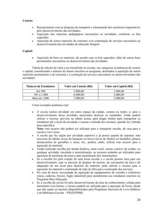 20
Custeio:
 Ressarcimento com as despesas de transporte e alimentação dos monitores responsáveis
pelo desenvolvimento das atividades;
 Aquisição dos materiais pedagógicos necessários às atividades, conforme os kits
sugeridos;
 Aquisição de outros materiais de consumo e/ou contratação de serviços necessários ao
desenvolvimento das atividades de educação Integral.
Capital:
 Aquisição de bens ou materiais, de acordo com os kits sugeridos, além de outros bens
permanentes necessários ao desenvolvimento das atividades.
Tabela de cálculo do valor a ser transferido às escolas, nas categorias econômicas de custeio
e capital, considerando o número de alunos inscritos no programa, destinados à aquisição de outros
materiais permanentes e de consumo e à contração de serviços necessários ao desenvolvimento das
atividades:
Número de Estudantes Valor em Custeio (R$) Valor em Capital (R$)
Até 500 3.000,00 1.000,00
501 a 1.000 6.000,00 2.000,00
Mais de 1.000 7.000,00 2.000,00
Como exemplos podemos citar:
 A escola realiza atividade em outro espaço da cidade, cinema ou teatro, e, para o
desenvolvimento dessa atividade, necessitará deslocar os estudantes. Então poderá
utilizar o recurso, previsto na tabela acima, para alugar ônibus para transportar os
estudantes até o local da atividade e custear a entrada dos mesmos, quando for cobrada
taxa específica.
Nota: este recurso não poderá ser utilizado para o transporte escolar, de casa para a
escola e vice-versa;
 A escola que fez opção por atividade esportiva e já possui quadra de esportes, mas
necessita de tabelas novas de basquete ou traves novas de futebol ou handebol, pintura
demarcatória de garrafões e áreas, etc., poderá, então, utilizar este recurso para a
aquisição do material;
 Tendo realizado escolha por banda fanfarra, canto coral, ensino coletivo de cordas, ou
qualquer atividade vinculada à musicalização, os recursos poderão ser utilizados para
aquisição de partituras diversas e para manutenção dos instrumentos.
 Se a escolha foi pela criação de uma horta escolar e a escola possuir área para seu
desenvolvimento, mas se precisar de preparo do terreno, de cercamento da área e de
adaptação de um local para depósito do material, pode utilizar o recurso para a
aquisição do material e contratação de mão de obra para a realização dos serviços.
 No caso de haver necessidade de aquisição de equipamentos de cozinha e refeitórios
(mesa, cadeiras, freezer, fogão industrial) para atendimento aos estudantes inscritos no
Programa Mais Educação.
 Se a escolha da escola foi pelo desenvolvimento da área de conhecimento voltada para
letramento e/ou leitura, o recurso poderá ser utilizado para a aquisição de livros, desde
que não sejam os mesmos disponibilizados pelo Programas Nacional do Livro Didático
e da Biblioteca Escolar – PNLD/PNBE.
 