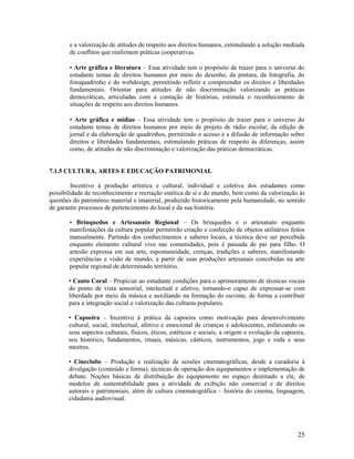 25
e a valorização de atitudes de respeito aos direitos humanos, estimulando a solução mediada
de conflitos que reafirmem práticas cooperativas.
• Arte gráfica e literatura – Essa atividade tem o propósito de trazer para o universo do
estudante temas de direitos humanos por meio do desenho, da pintura, da fotografia, do
fotoquadrinho e do webdesign, permitindo refletir e compreender os direitos e liberdades
fundamentais. Orientar para atitudes de não discriminação valorizando as práticas
democráticas, articuladas com a contação de histórias, estimula o reconhecimento de
situações de respeito aos direitos humanos.
• Arte gráfica e mídias – Essa atividade tem o propósito de trazer para o universo do
estudante temas de direitos humanos por meio de projeto de rádio escolar, da edição de
jornal e da elaboração de quadrinhos, permitindo o acesso e a difusão de informação sobre
direitos e liberdades fundamentais, estimulando práticas de respeito às diferenças, assim
como, de atitudes de não discriminação e valorização das práticas democráticas.
7.1.5 CULTURA, ARTES E EDUCAÇÃO PATRIMONIAL
Incentivo à produção artística e cultural, individual e coletiva dos estudantes como
possibilidade de reconhecimento e recriação estética de si e do mundo, bem como da valorização às
questões do patrimônio material e imaterial, produzido historicamente pela humanidade, no sentido
de garantir processos de pertencimento do local e da sua história.
• Brinquedos e Artesanato Regional – Os brinquedos e o artesanato enquanto
manifestações da cultura popular permitirão criação e confecção de objetos utilitários feitos
manualmente. Partindo dos conhecimentos e saberes locais, a técnica deve ser percebida
enquanto elemento cultural vivo nas comunidades, pois é passada de pai para filho. O
artesão expressa em sua arte, espontaneidade, crenças, tradições e saberes, manifestando
experiências e visão de mundo, a partir de suas produções artesanais concebidas na arte
popular regional de determinado território.
• Canto Coral – Propiciar ao estudante condições para o aprimoramento de técnicas vocais
do ponto de vista sensorial, intelectual e afetivo, tornando-o capaz de expressar-se com
liberdade por meio da música e auxiliando na formação do ouvinte, de forma a contribuir
para a integração social e valorização das culturas populares.
• Capoeira – Incentivo à prática da capoeira como motivação para desenvolvimento
cultural, social, intelectual, afetivo e emocional de crianças e adolescentes, enfatizando os
seus aspectos culturais, físicos, éticos, estéticos e sociais, a origem e evolução da capoeira,
seu histórico, fundamentos, rituais, músicas, cânticos, instrumentos, jogo e roda e seus
mestres.
• Cineclube – Produção e realização de sessões cinematográficas, desde a curadoria à
divulgação (conteúdo e forma), técnicas de operação dos equipamentos e implementação de
debate. Noções básicas de distribuição do equipamento no espaço destinado a ele, de
modelos de sustentabilidade para a atividade de exibição não comercial e de direitos
autorais e patrimoniais, além de cultura cinematográfica – história do cinema, linguagem,
cidadania audiovisual.
 
