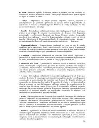 26
• Contos – Incentivar a prática de leitura e contação de histórias junto aos estudantes e à
comunidade, a fim de promover a saúde e a educação por meio da cultura popular a partir
do legado da literatura de contos.
• Danças – Organização de danças coletivas (regionais, clássicas, circulares e
contemporâneas) que permitam apropriação de espaços, ritmos e possibilidades de
subjetivação de crianças, adolescentes e jovens. Promoção da saúde e socialização por meio
do movimento do corpo em dança.
• Desenho – Introdução ao conhecimento teórico-prático da linguagem visual, do processo
criativo e da criação de imagens. Experimentação do desenho como linguagem,
comunicação e conhecimento. Percepção das formas. Desenho artístico. Composição,
desenho de observação e de memória. Experimentações estéticas a partir do ato de
desenhar. Oferecimento de diferentes possibilidades de produção artística e/ou técnicas
por meio do desenho. Desenvolvimento intelectual, por meio do ato de criação.
• Escultura/Cerâmica - Desenvolvimento intelectual por meio do ato de criação,
emocional, social, perceptivo e físico e experimentações estéticas a partir de práticas de
escultura. Iniciação aos procedimentos de preparação e execução de uma obra escultórica
como arte e introdução às principais questões da escultura contemporânea.
• Etnojogos – Diversidade etnocultural na educação física escolar, objetivando a
preservação de jogos tradicionais, brincadeiras e manifestações esportivas regionais (cabo
de guerra, atletismo, corrida com tora, futebol de cabeça, jogo com tacos, etc.).
• Literatura de Cordel – Aprendizado de estruturas básicas de literatura, envolvendo
leitura, interpretação e improvisação por meio de vivências coletivas com crianças e
adolescentes. Desenvolvimento sociocultural pela valorização, reconhecimento e recriação
das culturas populares e iniciação à literatura de cordel como linguagem, manifestação
cultural e prática socializadora.
• Mosaico – Introdução ao conhecimento teórico-prático da linguagem visual, do processo
criativo e da criação de imagens por meio da experimentação do desenho como linguagem,
comunicação e conhecimento; da percepção das formas; do desenho artístico; da
composição, do desenho de observação e de memória; da criação bi e tridimensional no
plano e no espaço por meio da linguagem gráfica do mosaico, dos procedimentos e dos
materiais; dos sistemas de escalas; dos conceitos de representação gráfica de elementos
ortogonais; das noções gerais de geometria; da geometria plana com construção de figuras
geométricas; da geometria espacial com planificação e construção de poliedros; e da
pertinência, do paralelismo e da perpendicularidade.
• Música – Desenvolvimento dos elementos técnico-musicais, bem como, do trabalho em
grupo, da cooperação, do respeito mútuo, da solidariedade, do senso crítico e da autonomia.
Repertório com peças de variados estilos e gêneros musicais. Percussão Corporal, Jogos
Musicais e Dinâmicas de Grupo como ferramentas do processo de ensino-aprendizagem
musical. Construção de instrumentos musicais alternativos. Execução, apreciação e criação
musical. Valorização da cultura brasileira e das culturas regionais.
• Percussão – Aprendizado de técnicas em diversos instrumentos de percussão por meio de
uma abordagem integradora, tratando de aspectos relacionados não só com a mecânica e a
técnica instrumental, mas também, com performance, apreciação e criação musical.
Integração social e desenvolvimento sociocultural pela valorização, reconhecimento e
recriação das culturas populares.
 