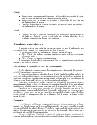 31
Custeio:
 Ressarcimento com as despesas de transporte e alimentação dos voluntários da equipe
local da escola que realizarão as atividades nos finais de semana;
 Ressarcimento com as despesas de transporte e alimentação do supervisor das
atividades nos finais de semana; e
 Aquisição de materiais de consumo necessários ao desenvolvimento das oficinas e
atividades nos finais de semana.
Capital:
 Aquisição de bens ou materiais permanentes que contemplem necessariamente as
atividades aos finais de semana, considerando que, os bens adquiridos, devem
beneficiar, prioritariamente, duas ou mais atividades.
Orientação sobre o emprego do recurso
O valor de custeio e o de capital (se houver), depositado em favor de cada escola, será
executado de forma a garantir o seu funcionamento nos finais de semana.
Na execução dos recursos de custeio, deve ser seguida a seguinte orientação:
 20% a 30% do valor total para compra de materiais necessários ao desenvolvimento das
oficinas/atividades; e
 70% a 80% para o ressarcimento dos voluntários.
O planejamento da utilização do recurso deve ser feito por cada escola com o suporte das
respectivas secretarias de educação.
a) Ressarcimento de voluntários (70 a 80% do recurso de custeio)
O valor máximo de ressarcimento para despesas de transporte e alimentação do voluntário é
de R$ 40,00 por dia, exceto do supervisor.
O ressarcimento de todos os voluntários da ação Relação Escola-Comunidade, inclusive do
supervisor, será realizado mediante o seu comparecimento nos dias combinados, à assinatura do
“recibo de ressarcimento mensal de despesas de transporte e alimentação” e ao preenchimento do
“relatório mensal de atividade”, disponíveis para download junto à resolução.
Imprevistos e arranjos locais também podem impedir e/ou redefinir a abertura da escola em
determinados dias. Desse modo, o valor do ressarcimento está condicionado à efetiva realização das
atividades pelo voluntário. Alerta-se que o número de finais de semana não é igual todos os meses.
Ressalta-se que o ressarcimento se destina aos voluntários da equipe local que de fato
possuem despesas para atuar na Relação Escola-Comunidade, sendo comum nas escolas a presença
de oficineiros e outros atores que não são ressarcidos. A prioridade é fortalecer a equipe local nas
escolas, formada por todos os envolvidos nas atividades do final de semana e a direção, membro
natural da equipe.
Coordenação
As atividades de mobilização, divulgação, planejamento, integração, registro e avaliação
das ações nos finais de semana são de responsabilidade de todos e devem ser assumidas de acordo
com a especificidade de cada um do grupo. Contudo, há a necessidade de uma coordenação, que
deve ser desempenhada, preferencialmente, por um membro da comunidade. O importante é que a
coordenação seja escolhida de modo democrático.
Por mês, poderá haver 01 (um) ou no máximo 02 (dois) ressarcimentos com despesas de
transporte e alimentação para a coordenação realizar atividades fora do final de semana que sejam
 