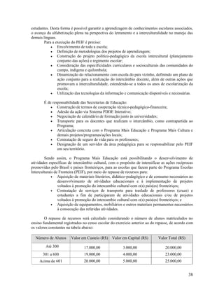38
estudantes. Desta forma é possível garantir a aprendizagem de conhecimentos escolares associados,
o avanço da alfabetização plena na perspectiva do letramento e a interculturalidade no manejo das
demais línguas.
Para a execução do PEIF é preciso:
 Envolvimento de toda a escola;
 Definição de metodologias dos projetos de aprendizagem;
 Construção do projeto político-pedagógico da escola intercultural (planejamento
conjunto das ações) e regimento escolar;
 Consideração das especificidades curriculares e socioculturais das comunidades do
campo, indígena e quilombola;
 Dinamização do relacionamento com escola do país vizinho, definindo um plano de
ação conjunto para a realização do intercâmbio docente, além de outras ações que
promovam a interculturalidade, estendendo-se a todos os anos de escolarização da
escola;
 Utilização das tecnologias da informação e comunicação disponíveis e necessárias.
É de responsabilidade das Secretarias de Educação:
 Construção de termos de cooperação técnico-pedagógico-financeira;
 Adesão da ação via Sistema PDDE Interativo;
 Negociação de calendário de formação junto às universidades;
 Transporte para os docentes que realizam o intercâmbio, como contrapartida ao
Programa;
 Articulação concreta com o Programa Mais Educação e Programa Mais Cultura e
demais projetos/programas/ações locais;
 Contratação de seguro de vida para os professores;
 Designação de um servidor da área pedagógica para se responsabilizar pelo PEIF
em seu território.
Sendo assim, o Programa Mais Educação está possibilitando o desenvolvimento de
atividades específicas de intercâmbio cultural, com o propósito de intensificar as ações recíprocas
promovidas pelo Brasil e países fronteiriços, para as escolas que fazem parte do Programa Escolas
Interculturais de Fronteira (PEIF), por meio do repasse de recursos para:
 Aquisição de materiais literários, didático-pedagógico e de consumo necessários ao
desenvolvimento de atividades educacionais e à implementação de projetos
voltados à promoção do intercambio cultural com o(s) país(es) fronteiriços;
 Contratação de serviços de transporte para traslado de professores (cruze) e
estudantes a fim de participarem de atividades educacionais e/ou de projetos
voltados à promoção do intercambio cultural com o(s) país(es) fronteiriços; e
 Aquisição de equipamentos, mobiliários e outros materiais permanentes necessários
à consecução das referidas atividades.
O repasse de recursos será calculado considerando o número de alunos matriculados no
ensino fundamental registrados no censo escolar do exercício anterior ao do repasse, de acordo com
os valores constantes na tabela abaixo:
Número de Alunos Valor em Custeio (R$) Valor em Capital (R$) Valor Total (R$)
Até 300 17.000,00 3.000,00 20.000,00
301 a 600 19.000,00 4.000,00 23.000,00
Acima de 601 20.000,00 5.000,00 25.000,00
 