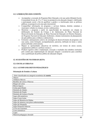 40
11.3 ATRIBUIÇÕES DOS COMITÊS
 Acompanhar a execução do Programa Mais Educação e de suas ações (Relação Escola-
Comunidade/Jovens de 15 a 17 anos) na perspectiva da educação integral, viabilizando
a participação social a fim de qualificar a gestão e a interlocução entre as políticas
públicas, na perspectiva de uma ação intersetorial;
 Compartilhar informações do programa e serviços federais, distrital, estaduais e
municipais voltados às crianças, jovens e adolescentes;
 Monitorar o programa a partir da especificidade do município em relação às
deliberações do Estatuto da Criança e do Adolescente, do Plano Nacional de
Desenvolvimento da Educação, do Plano Nacional de Educação em Direitos Humanos,
do Programa Nacional de Educação Ambiental, e demais instrumentos de planejamento
da ação pública para a infância e adolescência;
 Estimular o planejamento coletivo de estratégias de desenvolvimento do programa e de
suas ações, como formação, acompanhamento, parcerias, definição de metas e outras
pautas definidas coletivamente;
 Mapear as oportunidades educativas do território, em termos de atores sociais,
equipamentos públicos e políticas sociais; e
 Produzir registros sobre a implantação, execução e resultados dos trabalhos instituídos
pelo comitê para implementação da educação integral e socializá-los para contribuir
com a qualificação da política pública de educação integral.
12. SUGESTÕES DE MATERIAIS (KITS)
12.1 ESCOLAS URBANAS
12.1.1 ACOMPANHAMENTO PEDAGÓGICO
Orientação de Estudos e Leitura
- Itens classificados na categoria econômica de custeio
Ábacos
Alfabetos Móveis
Baralhos de Letras e Palavras
Bingos de Letras
Blocos lógicos
Cartas para Ditado
Dominós de Adição
Dominós de Fração
Dominós de Leitura e Escrita
Jogos alfa numéricos
Jogos Cruza Letras
Jogos de Memória de Sílabas
Jogos de números com pinos emborrachados
Jogos de Ortografia
Jogos Primeiras Palavras
Livros de Literatura
Lotos aritméticos
Lupas
Material pedagógico dourado
 