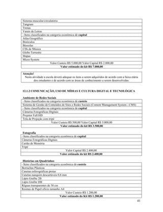 41
Sistema muscular/circulatório
Tangram
Trenas
Varais de Letras
- Itens classificados na categoria econômica de capital
Atlas Geográfico
Binóculos
Bússolas
CDs de Música
Globo Terrestre
Mapas
Micro System
Valor Custeio R$ 5.000,00 Valor Capital R$ 2.000,00
Valor estimado do kit R$ 7.000,00
Atenção!
Nesta atividade a escola deverá adequar os itens a serem adquiridos de acordo com a faixa etária
dos estudantes e de acordo com as áreas de conhecimento a serem desenvolvidas.
12.1.2 COMUNICAÇÃO, USO DE MÍDIAS E CULTURA DIGITAL E TECNOLÓGICA
Ambiente de Redes Sociais
- Itens classificados na categoria econômica de custeio
Sistema de Gestão de Conteúdos de Sites e Redes Sociais (Content Management System - CMS)
- Itens classificados na categoria econômica de capital
Câmeras Fotográficas Digitais
Projetor Full HD
Tela de Projeção com tripé
Valor Custeio R$ 500,00 Valor Capital R$ 3.000,00
Valor estimado do kit R$ 3.500,00
Fotografia
- Itens classificados na categoria econômica de capital
Câmeras Fotográficas Digitais
Cartão de Memória
Tripé
Valor Capital R$ 2.400,00
Valor estimado do kit R$ 2.400,00
Histórias em Quadrinhos
- Itens classificados na categoria econômica de custeio
Borrachas Plásticas
Canetas esferográficas pretas
Canetas nanquim descartáveis 0,8 mm
Lápis Grafite 2B
Lápis Grafite HB
Réguas transparentes de 30 cm
Resmas de Papel ofício tamanho A4
Valor Custeio R$ 1.200,00
Valor estimado do Kit R$ 1.200,00
 