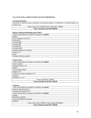 43
12.1.3 CULTURA, ARTES E EDUCAÇÃO PATRIMONIAL
Artesanato Popular
Aquisição de materiais para a produção de artesanato popular, considerando as especificidades da
cultura local.
Valor Custeio R$ 1.000,00 Valor Capital R$ 1.000,00
Valor estimado do kit R$ 2.000,00
Banda ( Material distribuído pelo FNDE)
- Itens classificados na categoria econômica de capital
Bumbo
Caixa de guerra 13cmx14”
Corneta FÁ
Corneta MIB
Corneta SIB
Cornetão FÁ
Cornetão SIB
Estantes dobráveis de música
Prato de 14”
Surdo
Teclado eletrônico portátil
Canto Coral
- Itens classificados na categoria econômica de capital
Afoxé colorido
Atabaque 90cm x 10”
Bongô
Clava madeira 20cm
Pandeiro 10”
Violão de 6 cordas estudante nº 18
Xequerê
Zabumba 15 x 22”
Valor Capital R$ 3.100,00
Valor estimado do kit R$ 3.100,00
Capoeira
- Itens classificados na categoria econômica de custeio
Calça de capoeira branca
Camisetas de malha fio 30
- Itens classificados na categoria econômica de capital
Agogô
Berimbau completo
Caxixi (instrumento musical)
Pandeiro
Valor Custeio R$ 2.100,00 e Valor Capital R$ 600,00
Valor estimado do Kit R$ 2.700,00
 