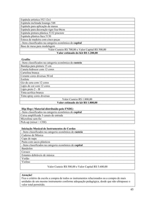 45
Espátula artística 552 12x1
Espátula inclinada losango 548
Espátula para aplicação de massa
Espátula para decoração tigre lisa 06cm
Espátula pintura plástica 5132 pinctore
Espátula plástica faca 5130
Esteca de madeira com cinco peças
- Itens classificados na categoria econômica de capital
Base de mesa para modelagem
Valor Custeio R$ 700,00 e Valor Capital R$ 500,00
Valor estimado do Kit R$ 1.200,00
Grafite
- Itens classificados na categoria econômica de custeio
Bandeja para pintura 15 cm
Caneta hidrocor com 12 cores
Cartolina branca
Corante cores diversas 50 ml
Estilete
Giz de cera com 12 cores
Lápis de cor com 12 cores
Lápis preto 2 – B
Tinta acrílica branca
Tinta spray cores diversas
Valor Custeio R$ 1.800,00
Valor estimado do kit R$ 1.800,00
Hip Hop ( Material distribuído pelo FNDE)
- Itens classificados na categoria econômica de capital
Caixa amplificada 3 canais de entrada
Microfone sem fio
Pick-up (mixer + CDJ)
Iniciação Musical de Instrumentos de Cordas
- Itens classificados na categoria econômica de custeio
Caderno de Música
Capa de napa
Pasta com sacos plásticos
- Itens classificados na categoria econômica de capital
Bandolim
Cavaco
Estantes dobráveis de música
Violão
Violino
Valor Custeio R$ 500,00 e Valor Capital R$ 5.600,00
Atenção!
Fica a critério da escola a compra de todos os instrumentos relacionados ou a compra de mais
unidades de um mesmo instrumento conforme adequação pedagógica, desde que não ultrapasse o
valor total permitido.
 