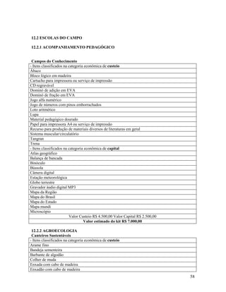 58
12.2 ESCOLAS DO CAMPO
12.2.1 ACOMPANHAMENTO PEDAGÓGICO
Campos do Conhecimento
- Itens classificados na categoria econômica de custeio
Ábaco
Bloco lógico em madeira
Cartucho para impressora ou serviço de impressão
CD regravável
Dominó de adição em EVA
Dominó de fração em EVA
Jogo alfa numérico
Jogo de números com pinos emborrachados
Loto aritmético
Lupa
Material pedagógico dourado
Papel para impressora A4 ou serviço de impressão
Recurso para produção de materiais diversos de literaturas em geral
Sistema muscular/circulatório
Tangran
Trena
- Itens classificados na categoria econômica de capital
Atlas geográfico
Balança de bancada
Binóculo
Bússola
Câmera digital
Estação meteorológica
Globo terrestre
Gravador áudio digital MP3
Mapa da Região
Mapa do Brasil
Mapa do Estado
Mapa mundi
Microscópio
Valor Custeio R$ 4.500,00 Valor Capital R$ 2.500,00
Valor estimado do kit R$ 7.000,00
12.2.2 AGROECOLOGIA
Canteiros Sustentáveis
- Itens classificados na categoria econômica de custeio
Arame fino
Bandeja sementeira
Barbante de algodão
Colher de muda
Enxada com cabo de madeira
Enxadão com cabo de madeira
 