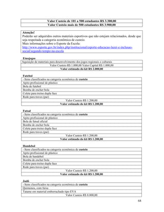68
Valor Custeio de 101 a 500 estudantes R$ 3.300,00
Valor Custeio mais de 500 estudantes R$ 3.900,00
Atenção!
Poderão ser adquiridos outros materiais esportivos que não estejam relacionados, desde que
seja respeitada a categoria econômica de custeio.
Mais informações sobre o Esporte da Escola:
http://www.esporte.gov.br/index.php/institucional/esporte-educacao-lazer-e-inclusao-
social/segundo-tempo-na-escola
Etnojogos
Aquisição de materiais para desenvolvimento dos jogos regionais e culturais
Valor Custeio R$ 1.000,00 Valor Capital R$ 1.000,00
Valor estimado do kit R$ 2.000,00
Futebol
- Itens classificados na categoria econômica de custeio
Apito profissional de plástico
Bola de futebol
Bomba de encher bola
Colete para treino dupla face
Rede para traves (par)
Valor Custeio R$ 1.200,00
Valor estimado do kit R$ 1.200,00
Futsal
- Itens classificados na categoria econômica de custeio
Apito profissional de plástico
Bola de futsal oficial
Bomba de encher bola
Colete para treino dupla face
Rede para traves (par)
Valor Custeio R$ 1.200,00
Valor estimado do kit R$ 1.200,00
Handebol
- Itens classificados na categoria econômica de custeio
Apito profissional de plástico
Bola de handebol
Bomba de encher bola
Colete para treino dupla face
Rede para traves (par)
Valor Custeio R$ 1.200,00
Valor estimado do kit R$ 1.200,00
Judô
- Itens classificados na categoria econômica de custeio
Quimonos, com faixa
Tatame em material emborrachado tipo EVA
Valor Custeio R$ 8.000,00
 