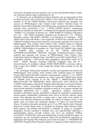 desenvolver atividades com seus materiais, caso os itens especificados tardem a chegar,
em virtude dos trâmites legais e administrativos. 40
 41. Educação e/ou na Olimpíada de Ciência Brasileira e/ou na organização de feira
de ciência na escola. Valor Custeio R$ 3.500,00 e Valor Capital R$ 1.500,00 Valor total
estimado do kit R$ 5.000,00 Robótica Educacional (material para aquisição com
recursos do PDDE/Integral) Valor Unitário Valor Unitário ValorItem Quant Un
Material Custeio (R$) Capital (R$) Total (R$) Kit para construção de modelos robóticos
contendo peças estruturais01 4 Un - 1.500,00 6.000,00 plásticas, componentes
eletrônicos e interface de robótica02 1 Un Manual do kit traduzido para português 90,00
- 90,0003 1 Un Carregador de Baterias AA - 30,00 30,0004 24 Un Bateria recarregável
AA 1,5V - 5,00 120,00 Computador Neetbook com Windows,05 2 Un - Wirelles,
Bluetooth, entrada USB 680,00 1360,0006 4 Un Plataforma de montagem - 90,00
360,00 Valor Custeio R$ 90,00 e Valor Capital R$ 7.870,00 Valor estimado do kit R$
7.960,00 Tecnologias Educacionais (material e serviços para aquisição com recursos do
PDDE/Integral) Valor Unitário Valor Unitário Valor TotalItem Quant Un Material
Custeio (R$) Capital (R$) (R$) Formação, monitoramento, material 1 1 Un 3.000,00
4.000,00 7.000,00 didático do estudante, etc. Valor Custeio R$ 3.000,00 Valor Capital
R$     4.000,00      Valor    estimado    do     kit   R$      7.000,00    EDUCAÇÃO
ECONÔMICA/ECONOMIA CRIATIVA Educação Econômica/Economia Criativa
(material para aquisição com recursos do PDDE/Integral) Valor Unitário Valor
UnitárioItem Quant Un Material Valor Total (R$) Custeio (R$) Capital (R$)01 25 Un
Calculadora científica - 25,00 625,00 Jogos pedagógicos relacionados com02 10 Jg
80,00 - 800,00 educação econômica Materiais pedagógios para o03 01 -
desenvolvimento de atividades voltadas 400,00 400,00 800,00 a economia criativa.
Valor Custeio R$ 1.600,00 e Valor Capital R$ 625,00 Valor estimado do Kit R$
2.225,00 41
 42. Tecnologias Educacionais (material e serviços para aquisição com recursos do
PDDE/Integral) Valor Unitário Valor Unitário Valor TotalItem Quant Un Material
Custeio (R$) Capital (R$) (R$) Formação, monitoramento, material 1 1 Un 3.000,00
4.000,00 7.000,00 didático do estudante, etc. Valor Custeio R$ 3.000,00 Valor Capital
R$ 4.000,00 Valor estimado do kit R$ 7.000,00 7. ORIENTAÇÕES PARA
IMPLANTAÇÃO DO PROGRAMA MAIS EDUCAÇÃO NAS ESCOLAS DO
CAMPO Considerando a expansão do Programa Mais Educação nos diversos territórios
brasileiros, vemos a necessidade de definição de estratégias que contribuam para a
oferta de uma educação de qualidade, adequada ao modo de viver, pensar e produzir das
populações identificadas com o campo – agricultores, criadores, extrativistas,
pescadores, ribeirinhos, caiçaras, quilombolas, seringueiros, assentados e acampados da
reforma agrária, trabalhadores assalariados rurais, povos da floresta, caboclos, dentre
outros. Uma educação que afirme o campo como o lugar onde vivem sujeitos de
direitos, com diferentes dinâmicas de trabalho, de cultura, de relações sociais, e não
apenas como um espaço que meramente reproduz os valores do desenvolvimento
urbano. (Conforme documento produzido por GT em 2009 tratando sobre Educação
Integral do Campo) Sendo assim, as atividades do Programa Mais Educação dentro
desta proposta, não poderão descaracterizar a realidade do campo, as concepções
pedagógicas deverão considerar a realidade local, suas especificidades ambientais e
particularidades étnicas, devendo embasar seus eixos nas categorias TERRA,
CULTURA E TRABALHO, sendo estas fundamentais na matriz formadora humana. As
orientações que este documento apresenta, tratam dos procedimentos específicos na
implantação do Programa Mais Educação nas Escolas do Campo. 7.1 CRITÉRIOS DE
ADESÃO O Programa Mais Educação estabelece os seguintes critérios específicos para
 