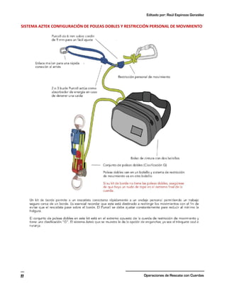 Editado por: Raúl Espinoza González
Operaciones de Rescate con Cuerdas
11
SISTEMA AZTEK CONFIGURACIÓN DE POLEAS DOBLES Y RESTRICCIÓN PERSONAL DE MOVIMIENTO
 