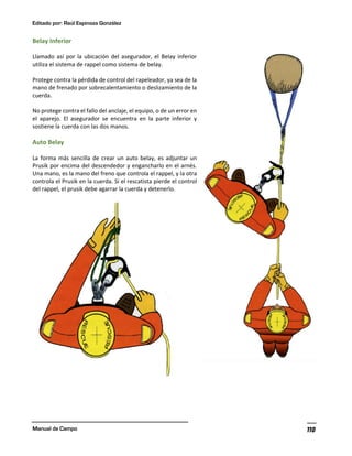 Editado por: Raúl Espinoza González
Manual de Campo 110
Belay Inferior
Llamado así por la ubicación del asegurador, el Belay inferior
utiliza el sistema de rappel como sistema de belay.
Protege contra la pérdida de control del rapeleador, ya sea de la
mano de frenado por sobrecalentamiento o deslizamiento de la
cuerda.
No protege contra el fallo del anclaje, el equipo, o de un error en
el aparejo. El asegurador se encuentra en la parte inferior y
sostiene la cuerda con las dos manos.
Auto Belay
La forma más sencilla de crear un auto belay, es adjuntar un
Prusik por encima del descendedor y engancharlo en el arnés.
Una mano, es la mano del freno que controla el rappel, y la otra
controla el Prusik en la cuerda. Si el rescatista pierde el control
del rappel, el prusik debe agarrar la cuerda y detenerlo.
 