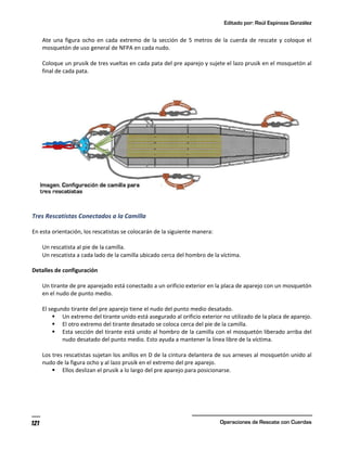Editado por: Raúl Espinoza González
Operaciones de Rescate con Cuerdas
121
Ate una figura ocho en cada extremo de la sección de 5 metros de la cuerda de rescate y coloque el
mosquetón de uso general de NFPA en cada nudo.
Coloque un prusik de tres vueltas en cada pata del pre aparejo y sujete el lazo prusik en el mosquetón al
final de cada pata.
Tres Rescatistas Conectados a la Camilla
En esta orientación, los rescatistas se colocarán de la siguiente manera:
Un rescatista al pie de la camilla.
Un rescatista a cada lado de la camilla ubicado cerca del hombro de la víctima.
Detalles de configuración
Un tirante de pre aparejado está conectado a un orificio exterior en la placa de aparejo con un mosquetón
en el nudo de punto medio.
El segundo tirante del pre aparejo tiene el nudo del punto medio desatado.
§ Un extremo del tirante unido está asegurado al orificio exterior no utilizado de la placa de aparejo.
§ El otro extremo del tirante desatado se coloca cerca del pie de la camilla.
§ Esta sección del tirante está unido al hombro de la camilla con el mosquetón liberado arriba del
nudo desatado del punto medio. Esto ayuda a mantener la línea libre de la víctima.
Los tres rescatistas sujetan los anillos en D de la cintura delantera de sus arneses al mosquetón unido al
nudo de la figura ocho y al lazo prusik en el extremo del pre aparejo.
§ Ellos deslizan el prusik a lo largo del pre aparejo para posicionarse.
 