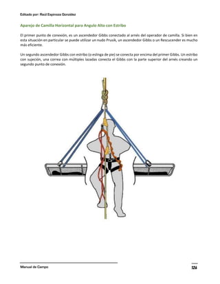 Editado por: Raúl Espinoza González
Manual de Campo 126
Aparejo de Camilla Horizontal para Angulo Alto con Estribo
El primer punto de conexión, es un ascendedor Gibbs conectado al arnés del operador de camilla. Si bien en
esta situación en particular se puede utilizar un nudo Prusik, un ascendedor Gibbs o un Rescucender es mucho
más eficiente.
Un segundo ascendedor Gibbs con estribo (o eslinga de pie) se conecta por encima del primer Gibbs. Un estribo
con sujeción, una correa con múltiples lazadas conecta el Gibbs con la parte superior del arnés creando un
segundo punto de conexión.
 