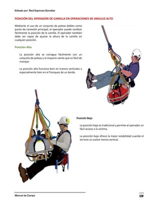 Editado por: Raúl Espinoza González
Manual de Campo 128
POSICIÓN DEL OPERADOR DE CAMILLA EN OPERACIONES DE ANGULO ALTO
Mediante el uso de un conjunto de poleas dobles como
punto de conexión principal, el operador puede cambiar
fácilmente la posición de la camilla. El operador también
debe ser capaz de ajustar la altura de la camilla en
cualquier posición.
Posición Alta
La posición alta se consigue fácilmente con un
conjunto de poleas y la mayoría siente que es fácil de
manejar.
La posición alta funciona bien en tramos verticales y
especialmente bien en el franqueo de un borde.
Posición Baja
La posición baja es tradicional y permite al operador un
fácil acceso a la víctima.
La posición baja ofrece la mejor estabilidad cuando el
terreno se vuelve menos vertical.
 