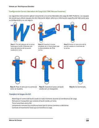 Editado por: Raúl Espinoza González
Manual de Campo 134
Configuración Correa Liberadora de Carga (CLC CMC Rescue Proseries)
Las siguientes instrucciones aplican únicamente a la correa liberadora de carga de CMC ProSeries. Los equipos
de rescate que utilicen equipos de otro fabricante deben referirse a información específica del fabricante para
su configuración y su uso seguro.
Transferir la Carga a la CLC
Mantenga el control del bucle cosido en todo momento durante la transferencia de carga.
Remueva el mosquetón que conecta el bucle cosido y el seno.
Tire el seno fuera de la CLC.
Lentamente remueva las envolturas hasta que la correa comience a deslizarse.
Controle el movimiento hasta que se transfiera la carga.
 
