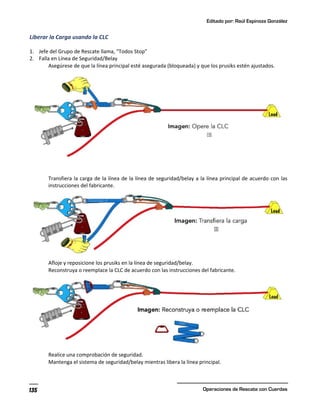 Editado por: Raúl Espinoza González
Operaciones de Rescate con Cuerdas
135
Liberar la Carga usando la CLC
1. Jefe del Grupo de Rescate llama, “Todos Stop”
2. Falla en Línea de Seguridad/Belay
Asegúrese de que la línea principal esté asegurada (bloqueada) y que los prusiks estén ajustados.
Transfiera la carga de la línea de la línea de seguridad/belay a la línea principal de acuerdo con las
instrucciones del fabricante.
Afloje y reposicione los prusiks en la línea de seguridad/belay.
Reconstruya o reemplace la CLC de acuerdo con las instrucciones del fabricante.
Realice una comprobación de seguridad.
Mantenga el sistema de seguridad/belay mientras libera la línea principal.
 