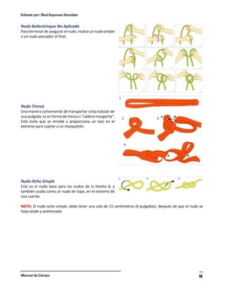Editado por: Raúl Espinoza González
Manual de Campo 16
Nudo Ballestrinque No Aplicado
Para terminar de asegurar el nudo, realice un nudo simple
o un nudo pescador al final.
Nudo Trenza
Una manera conveniente de transportar cinta tubular de
una pulgada, es en forma de trenza o "cadena margarita".
Esto evita que se enrede y proporciona un lazo en el
extremo para sujetar a un mosquetón.
Nudo Ocho Simple
Este es el nudo base para los nudos de la familia 8, y
también usado como un nudo de tope, en el extremo de
una cuerda.
NOTA: El nudo ocho simple, debe tener una cola de 15 centímetros (6 pulgadas), después de que el nudo se
haya atado y pretensado
 