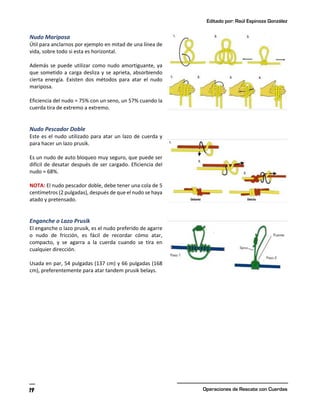 Editado por: Raúl Espinoza González
Operaciones de Rescate con Cuerdas
19
Nudo Mariposa
Útil para anclarnos por ejemplo en mitad de una línea de
vida, sobre todo si esta es horizontal.
Además se puede utilizar como nudo amortiguante, ya
que sometido a carga desliza y se aprieta, absorbiendo
cierta energía. Existen dos métodos para atar el nudo
mariposa.
Eficiencia del nudo = 75% con un seno, un 57% cuando la
cuerda tira de extremo a extremo.
Nudo Pescador Doble
Este es el nudo utilizado para atar un lazo de cuerda y
para hacer un lazo prusik.
Es un nudo de auto bloqueo muy seguro, que puede ser
difícil de desatar después de ser cargado. Eficiencia del
nudo = 68%.
NOTA: El nudo pescador doble, debe tener una cola de 5
centímetros (2 pulgadas), después de que el nudo se haya
atado y pretensado.
Enganche o Lazo Prusik
El enganche o lazo prusik, es el nudo preferido de agarre
o nudo de fricción, es fácil de recordar cómo atar,
compacto, y se agarra a la cuerda cuando se tira en
cualquier dirección.
Usada en par, 54 pulgadas (137 cm) y 66 pulgadas (168
cm), preferentemente para atar tandem prusik belays.
 